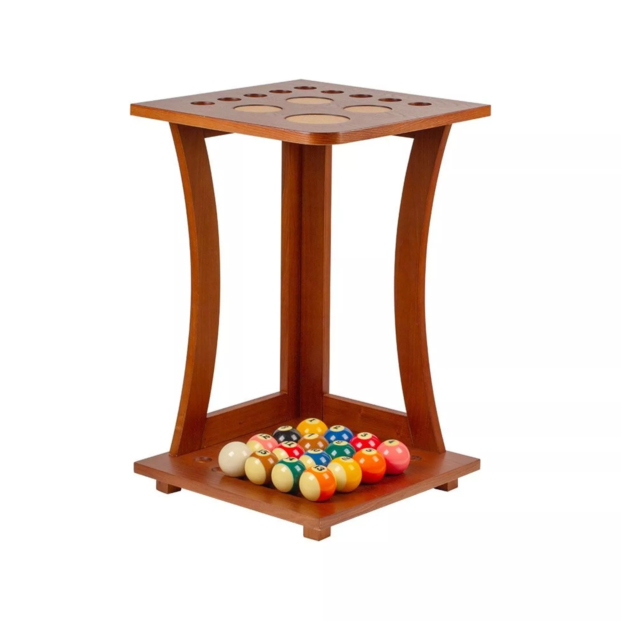 9-Cue Floor Billiard Rack Solid Wood Pool Cue Holder With Ball Storage For Sale – Game Room Gorilla