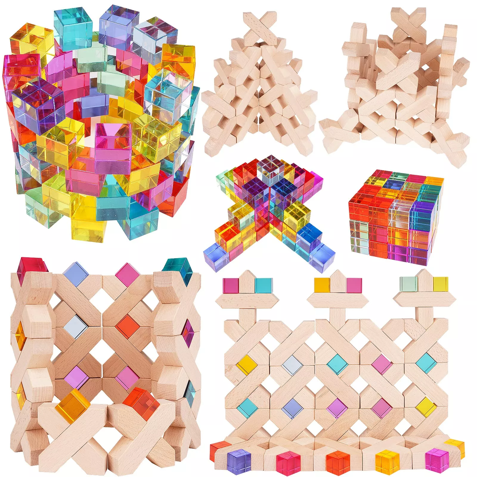 Agirlgle Rainbow Wooden Stacking Toy Set, 32 Blocks, 4 inches