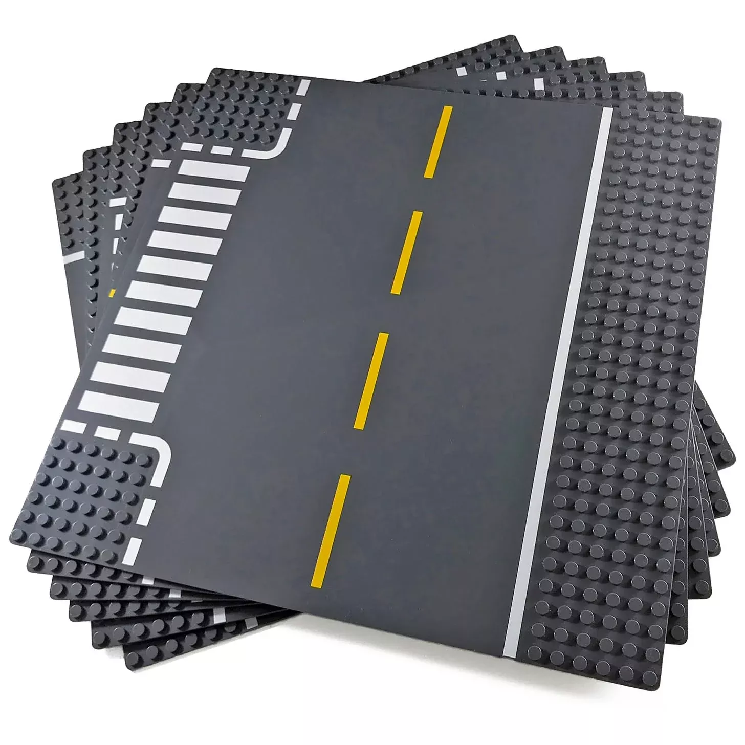 Apostrophe Games Road Baseplate – Premium Building Blocks Base Plates Compatible With All Major Brands – 6Pcs Baseplate Gray With Road Design – Straight, Curve, Crossroad, T-Junction