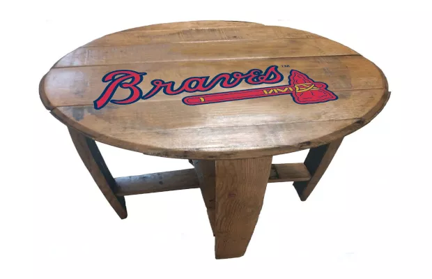 Atlanta Braves Oak Barrel Table For Sale – Game Room Gorilla
