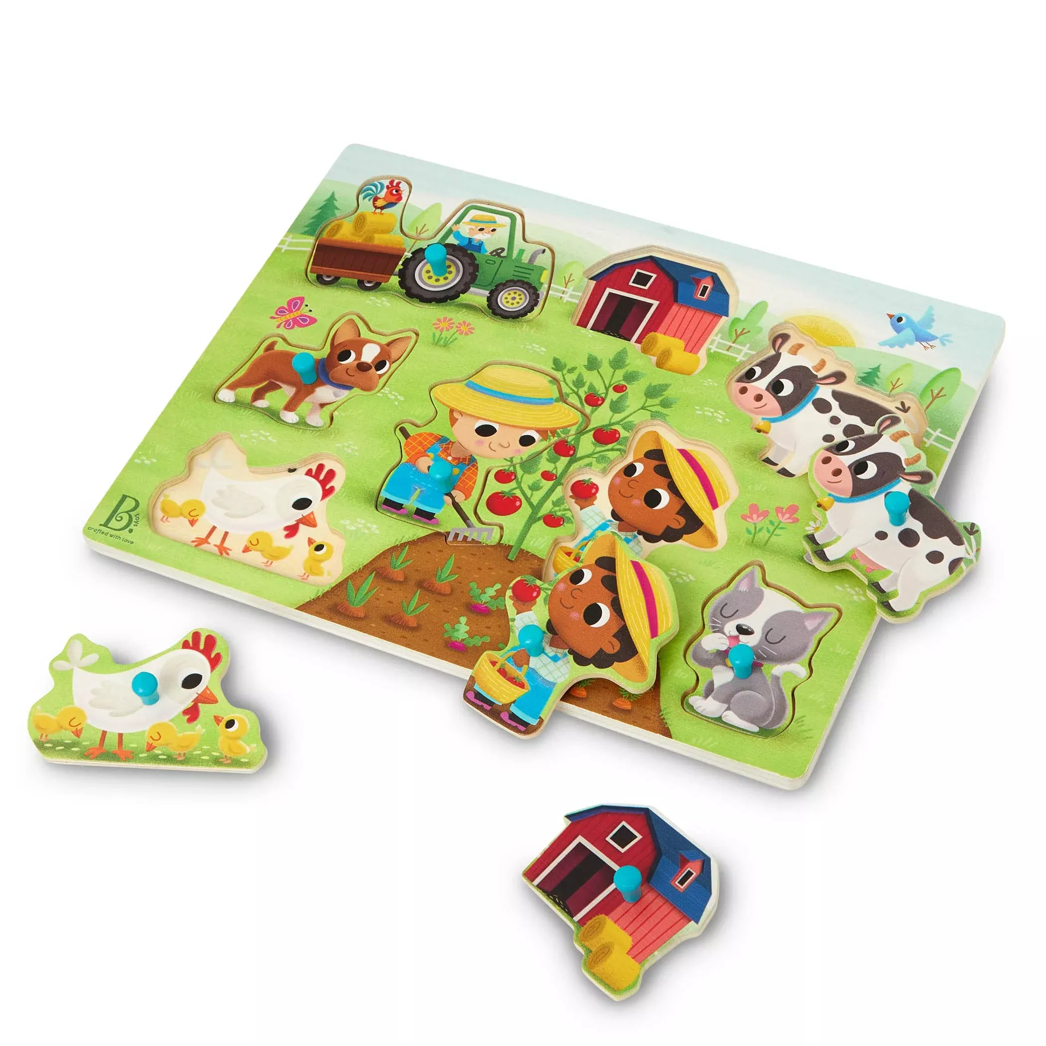 B. toys Peek & Explore Barnyard Wooden Peg Puzzle, 8 Pieces, 11.