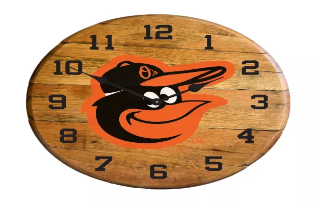 Baltimore Orioles Oak Barrel Clock For Sale – Game Room Gorilla