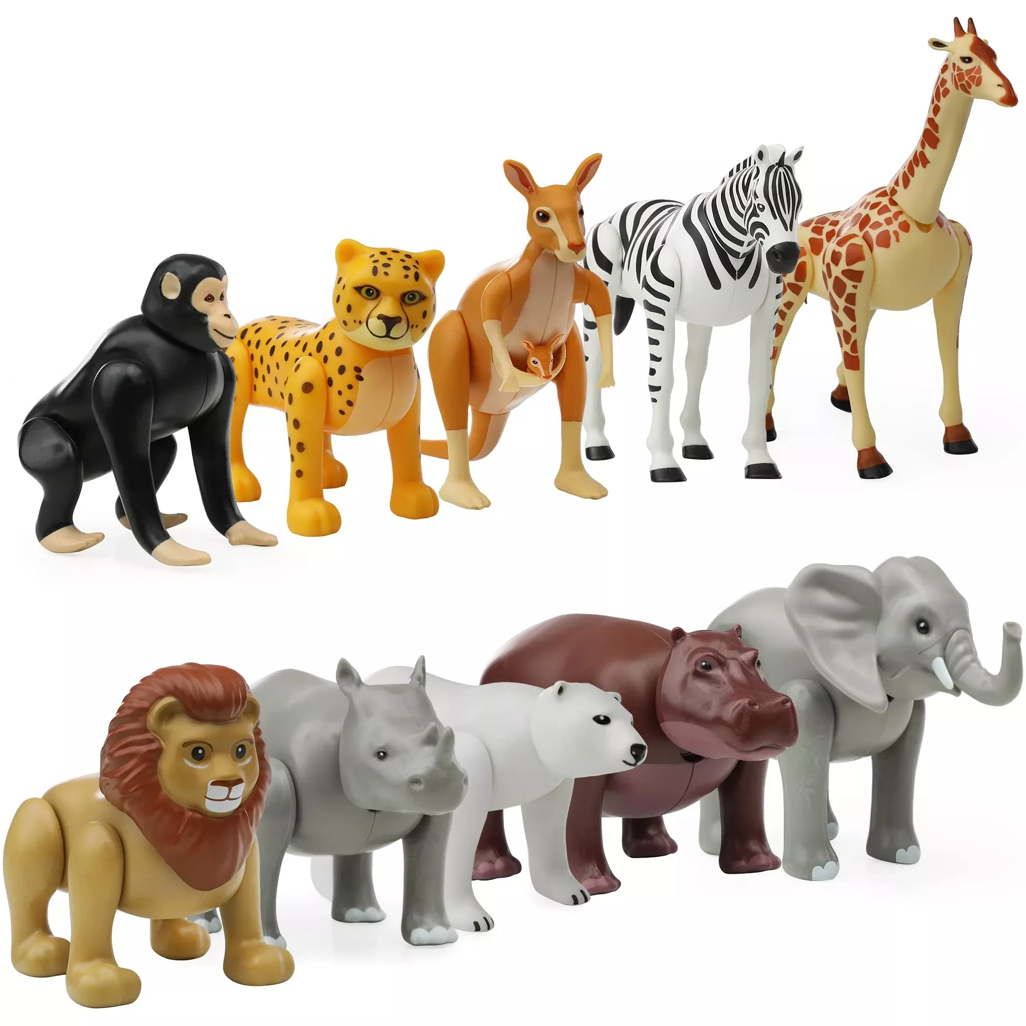 Beverly Hills Doll Collection Safari Animals Figures Set Of 10, Moveable Joints Safari Zoo Animal Toys For Toddlers, Zoo Animal Playset, Large Plastic Jungle Animal Figurines For Kids