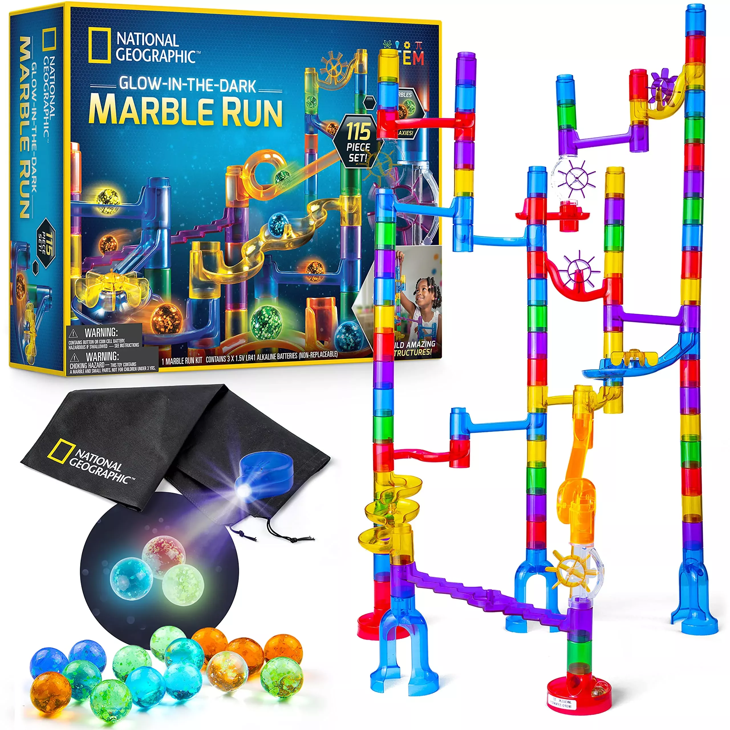 Blue Marble Marble Run Kit with Glow-in-the-Dark Marbles, Multicolor