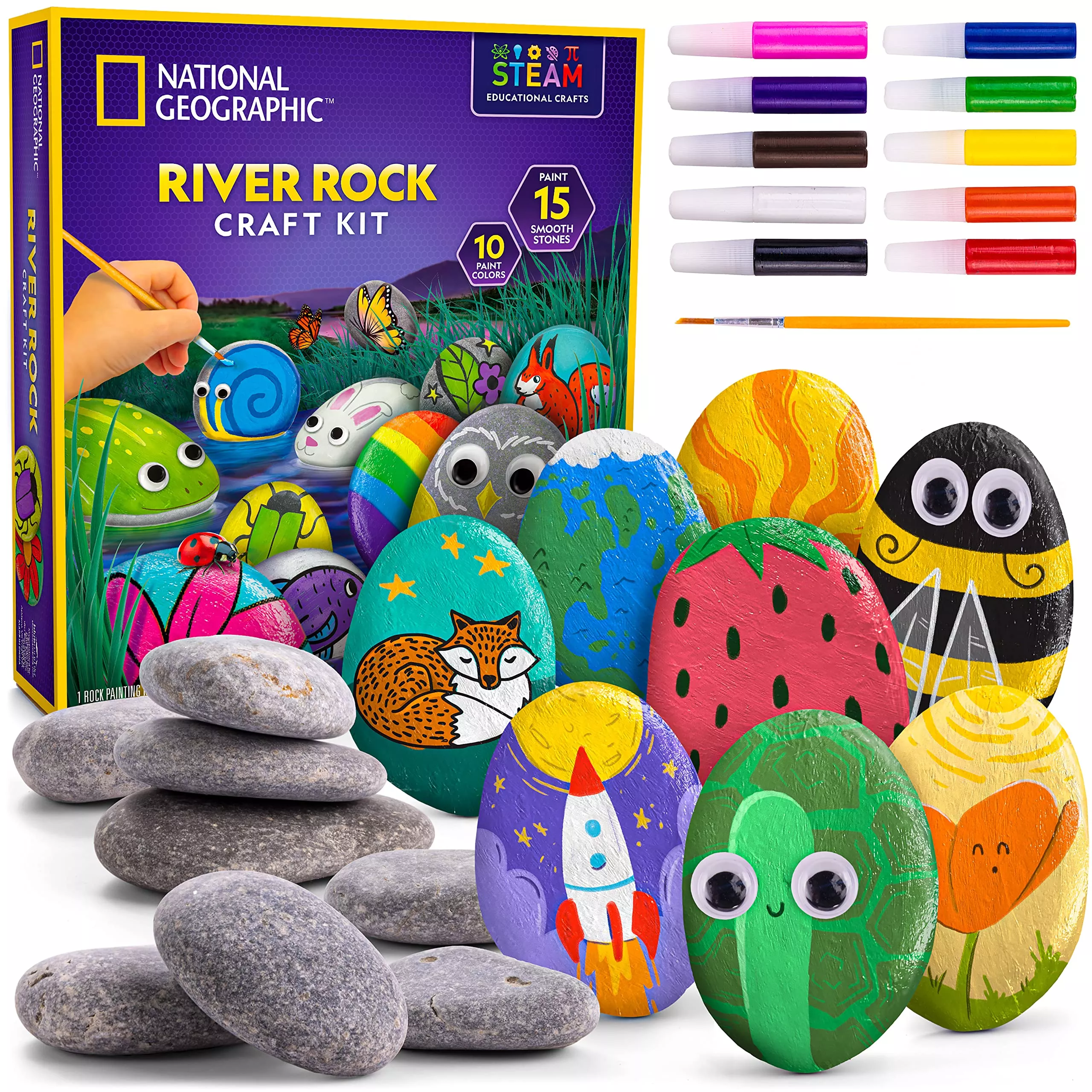 Blue Marble Rock Painting Kit for Kids - 15 Stones, Multicolor