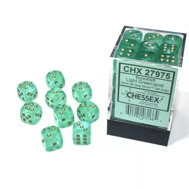 Chessex Dice: Borealis Light Green/Gold 36D6