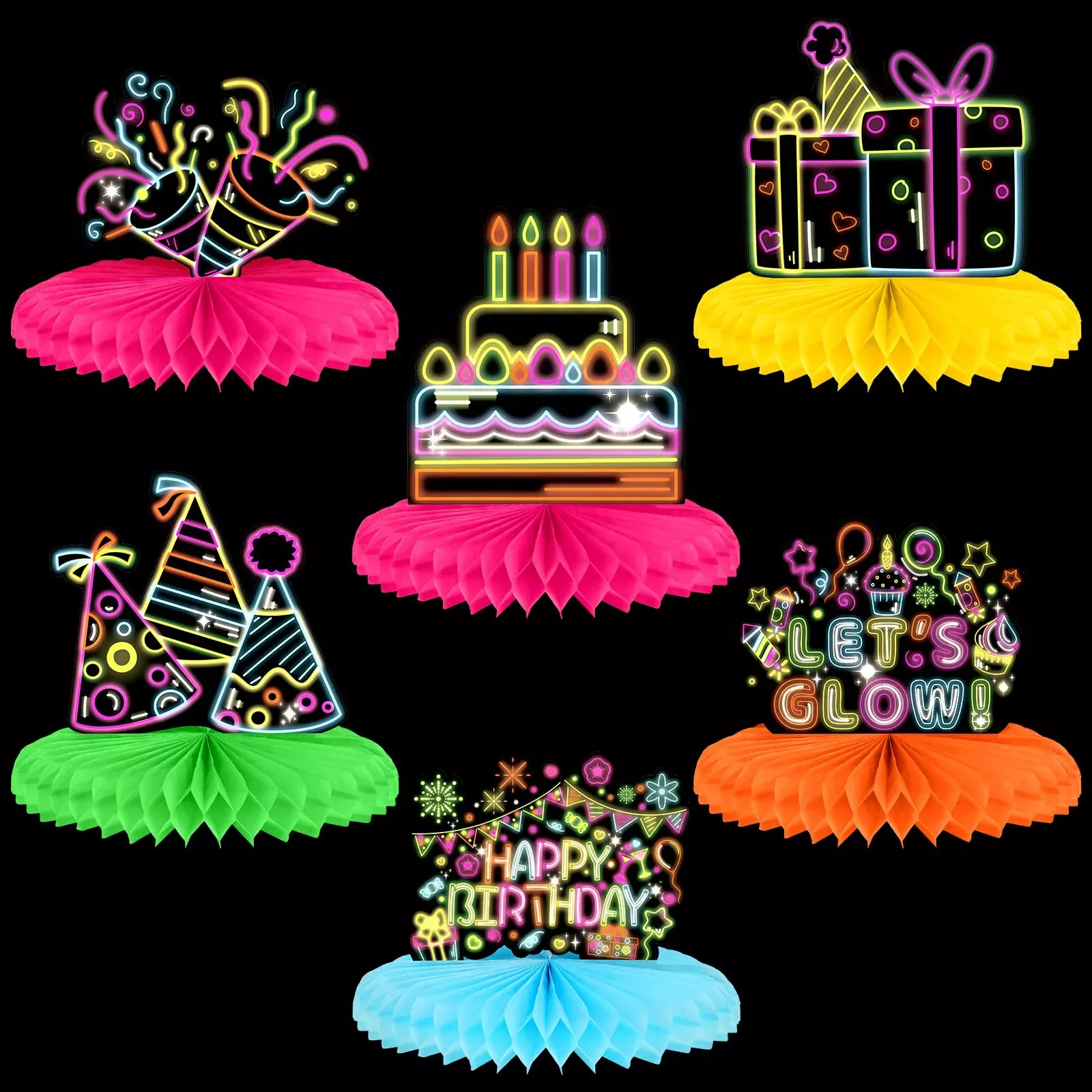 Chinco Glow Birthday Decorations, 6 Neon Paper Table Centerpieces