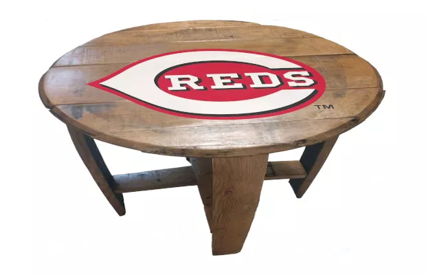 Cincinnati Reds Oak Barrel Table For Sale – Game Room Gorilla