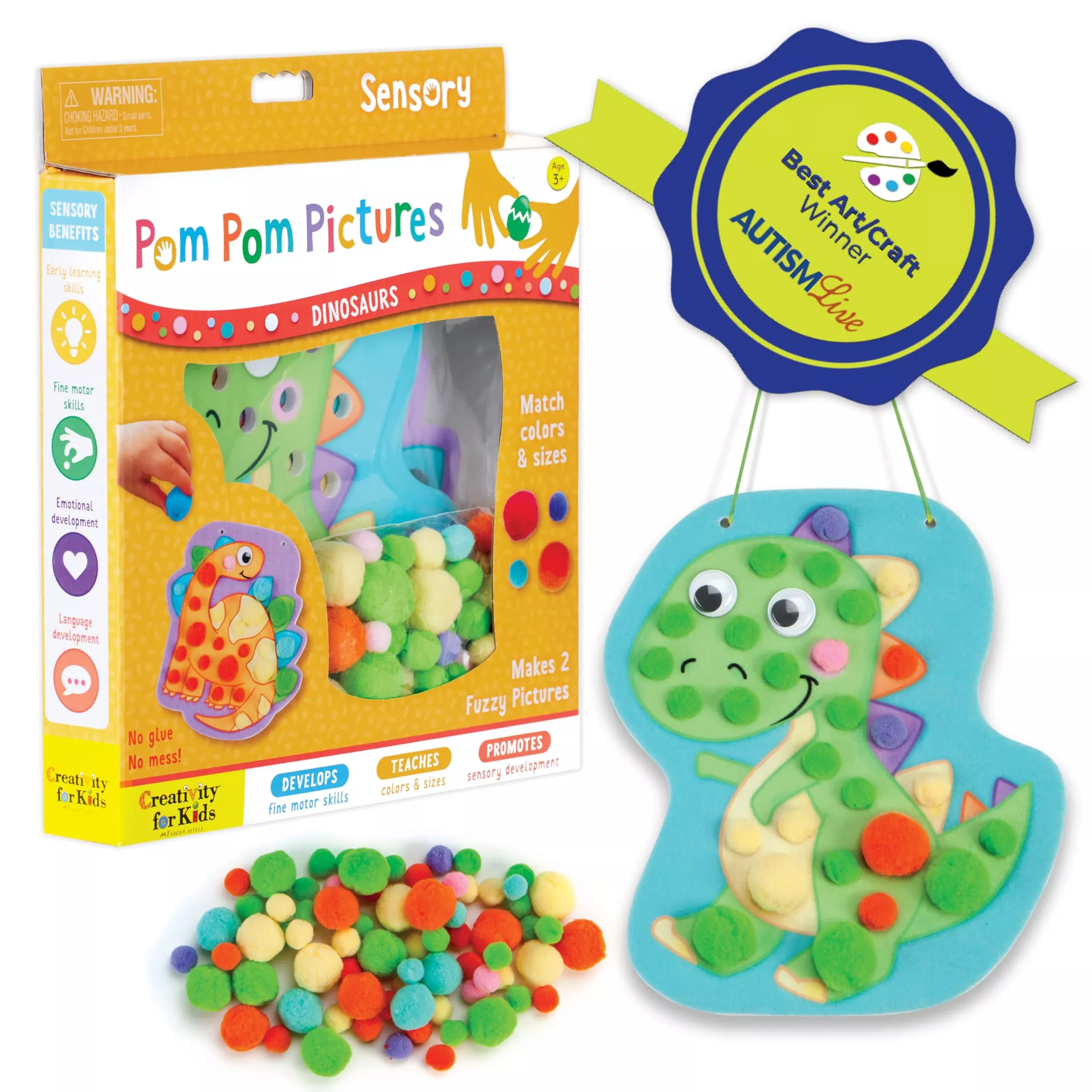 Creativity for Kids Pom Pom Pictures Dinosaur Craft Kit, Assorted Colors