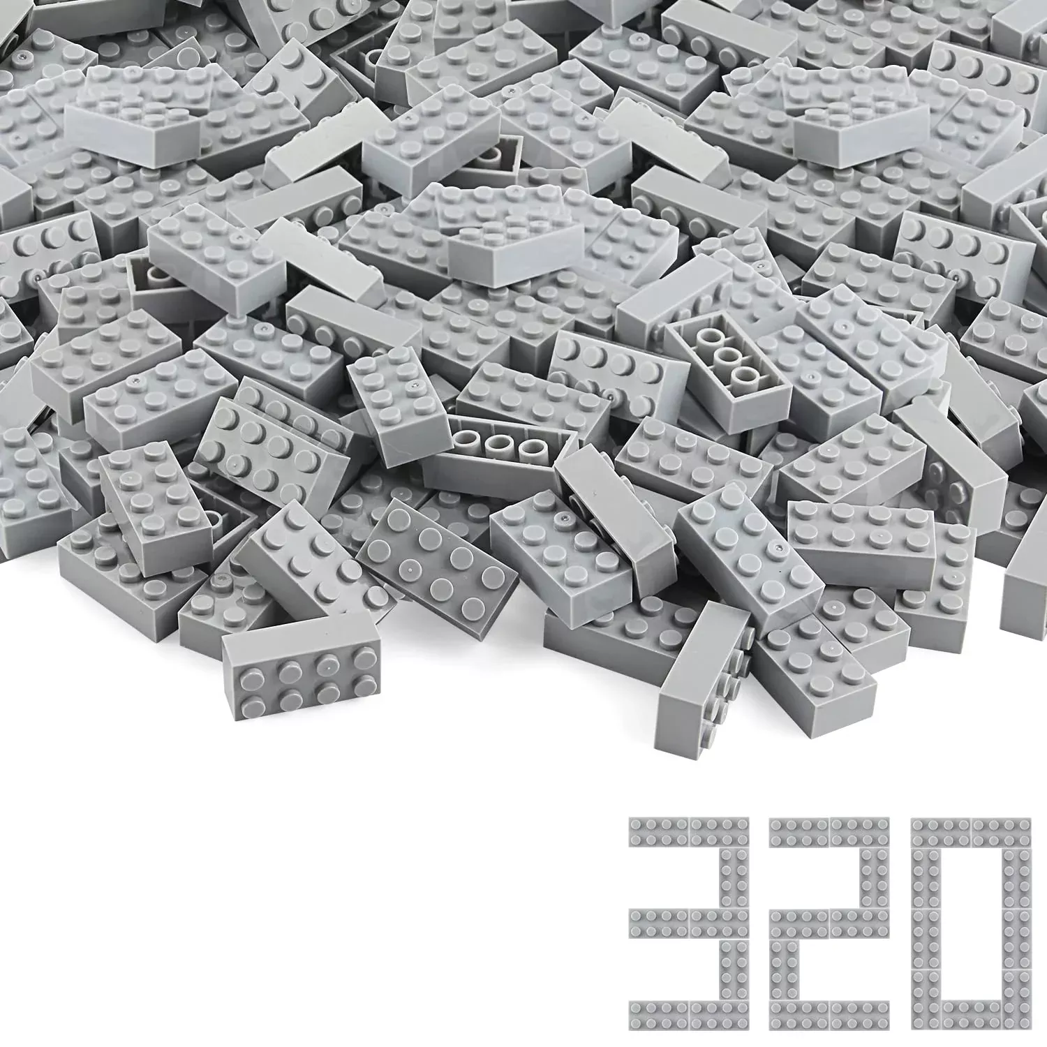 Feleph Basic Parts 320 Pieces 2X4 Light Gray Bricks Building Creative Play Blocks Set Toy Accessories Combine With Major Brick Brands (Gray Light)