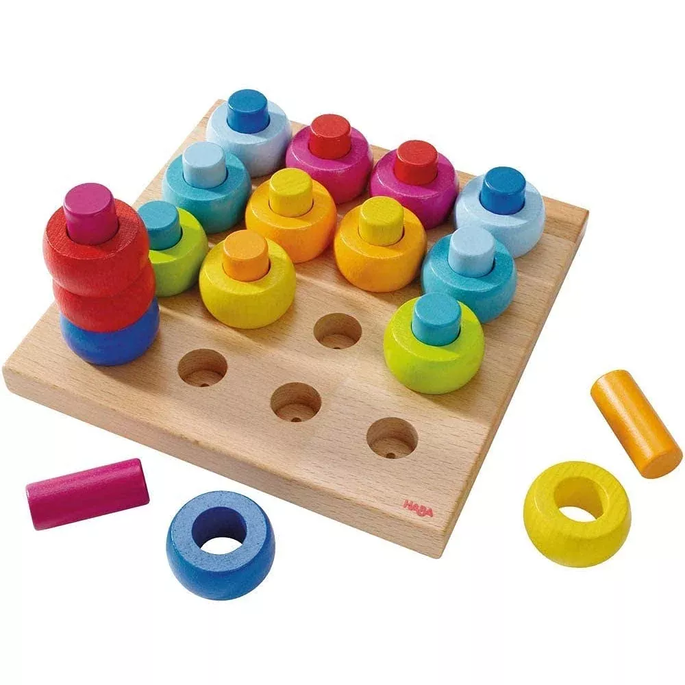 HABA Wooden Stacking Toys for Toddlers, 33-Piece Multicolor Set