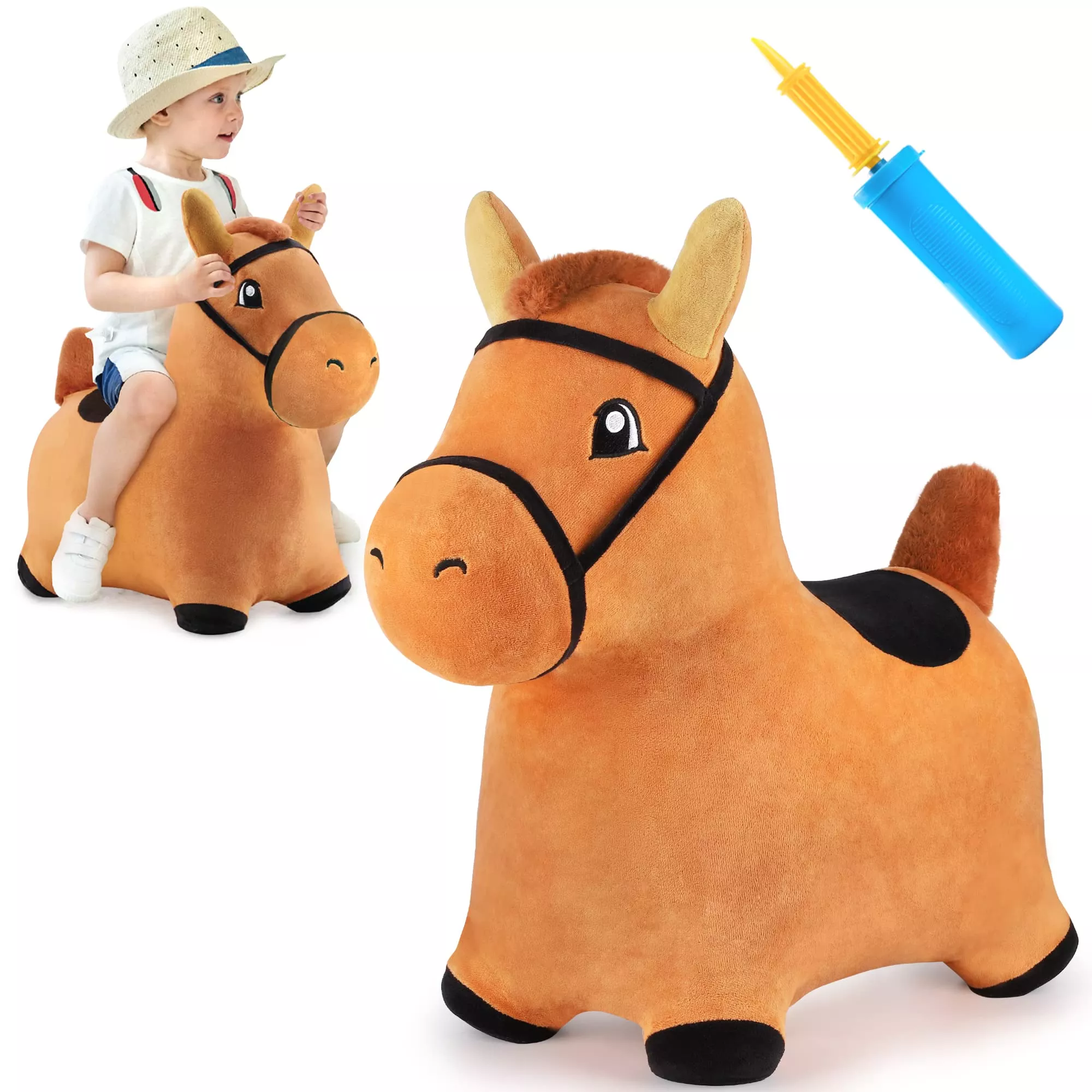 iPlay, iLearn Hopping Horse Toy - Medium Brown Plush Cloth, Easy Inflate