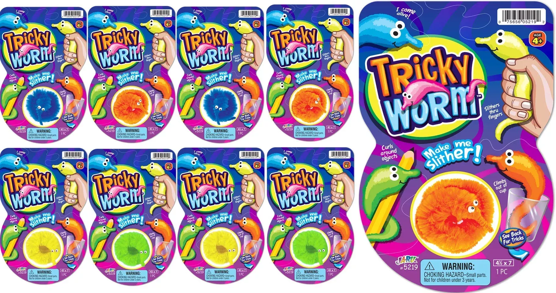 JA-RU Tricky Worms Fidget Toy 8 Pack Multicolored Soft Polyester