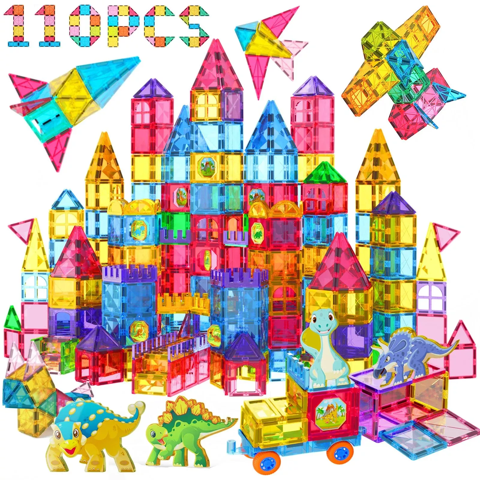 Jasonwell Dinosaur Magnetic Tiles Building Set Multicolor Medium 14 pcs
