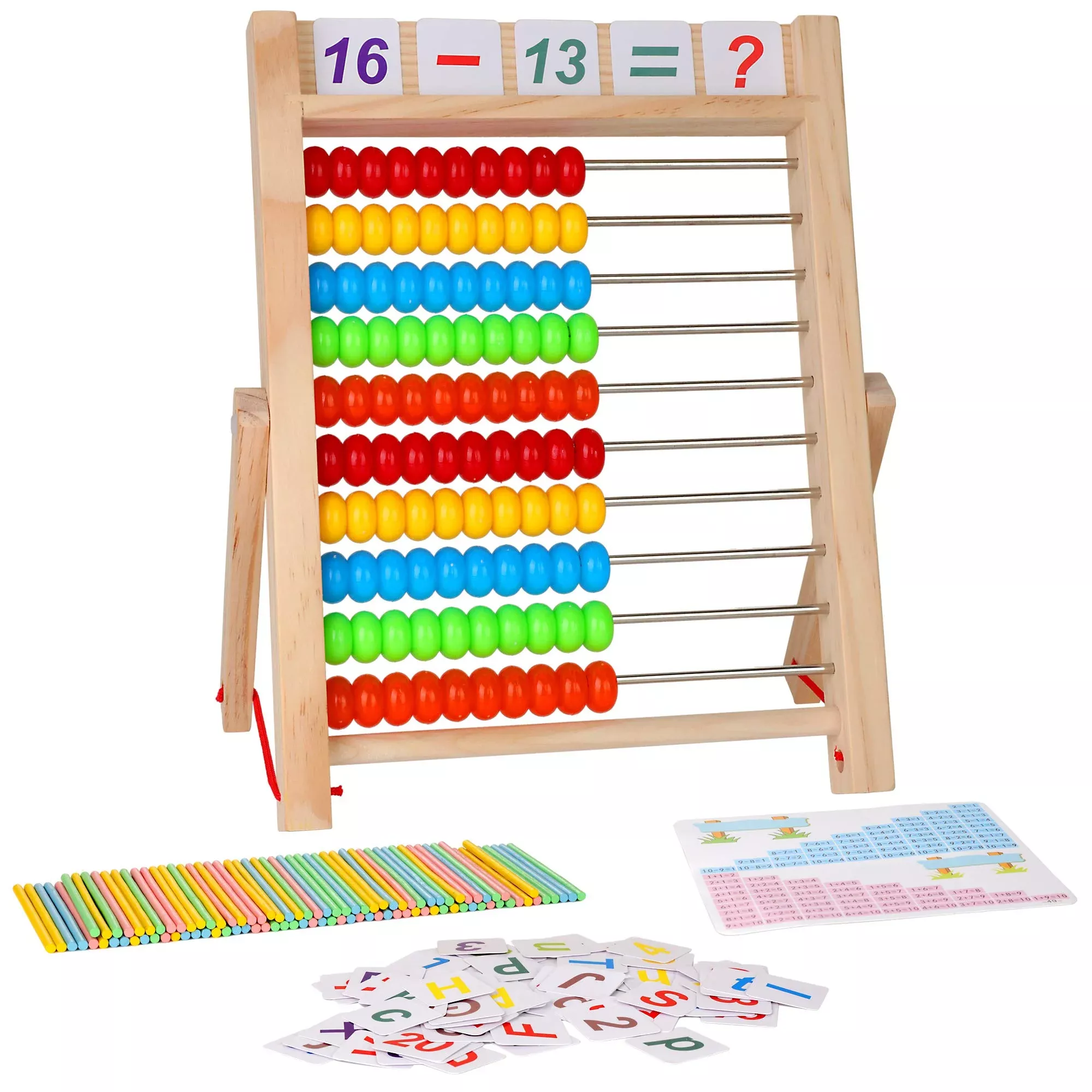 Kidwill Preschool Math Learning Toy,10-Row Wooden Frame Abacus With Multi-Color Beads, Counting Sticks, Number Alphabet Cards, Gift For 2 3 4 5 6 Years Old Toddlers Boys Girls