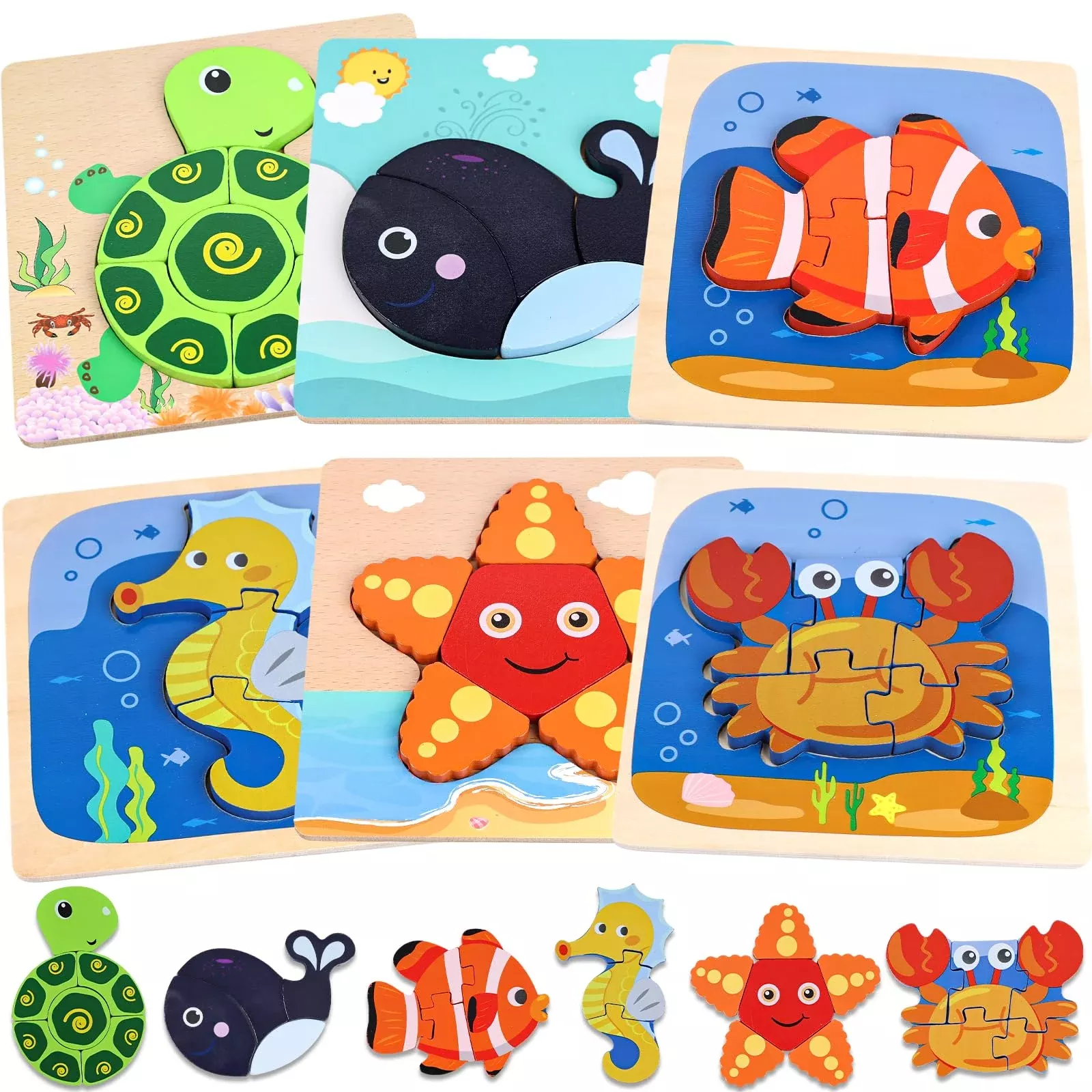 LovesTown Wooden Toddler Puzzles, Multi, 6PCS, Medium Size