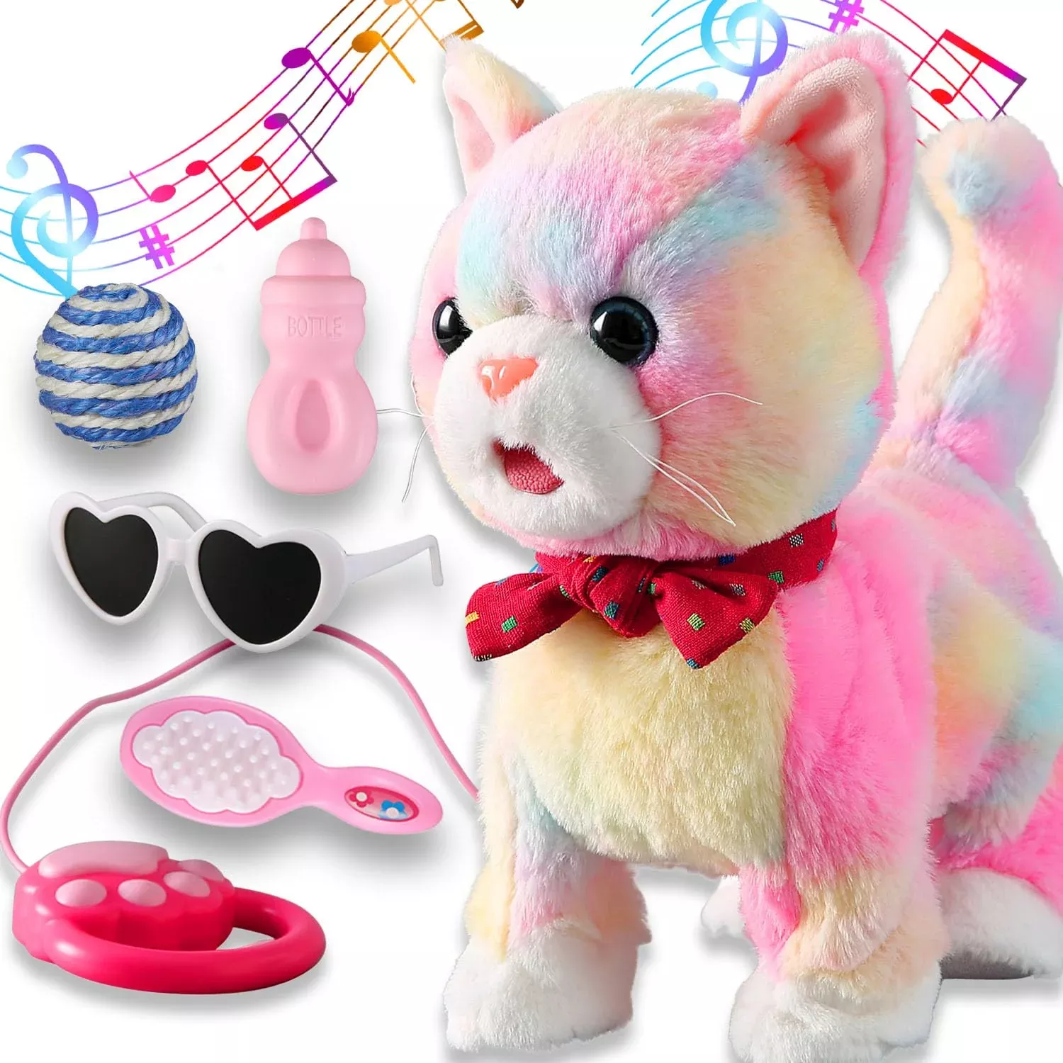 Marsjoy Colorful Walking Cat Toy Plush Robot Kitten with Leash