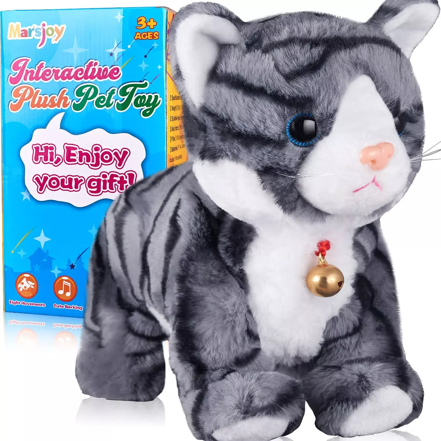 Marsjoy Touch-Controlled Plush Cat Toy for Babies, 8 Inch, Grey Pattern