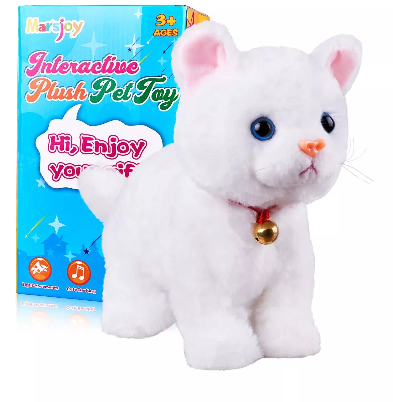 Marsjoy Touch-Controlled Plush Cat Toy for Babies, 8 Inches, White