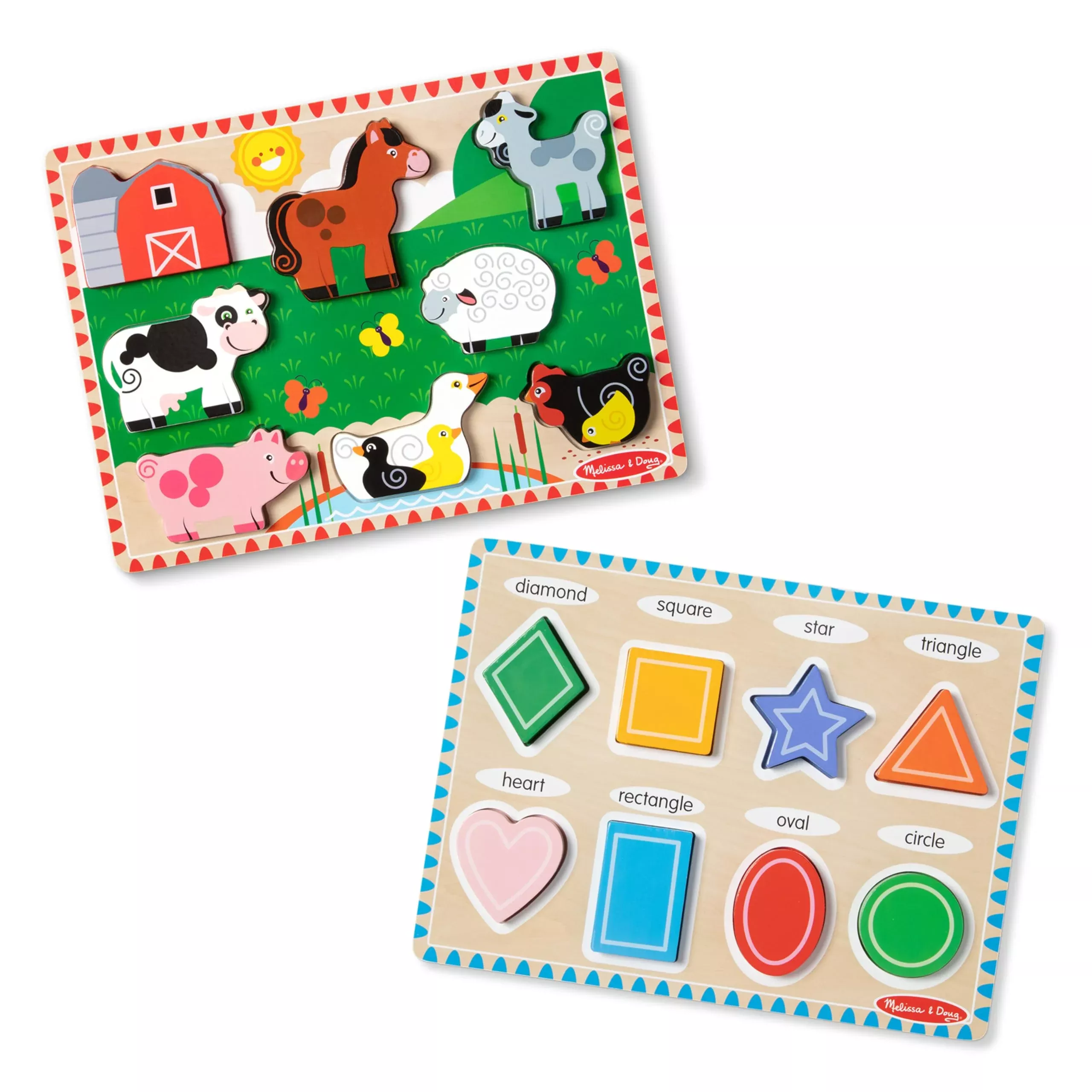 Melissa & Doug Chunky Wooden Puzzle Bundle - Farm & Shapes, 8 Pieces