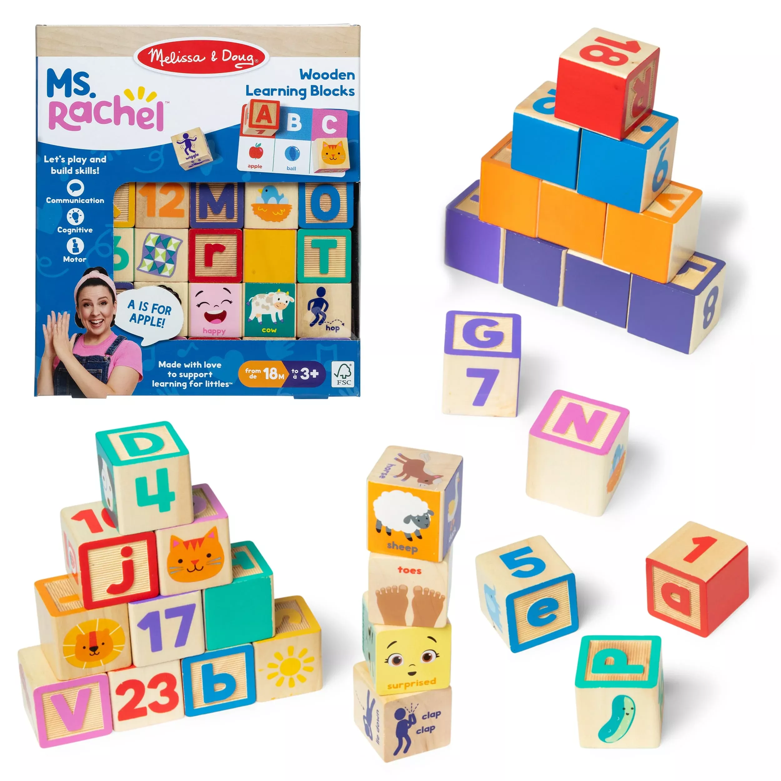 Melissa & Doug Wooden Learning Blocks Set, Multi-color, 30 Pieces