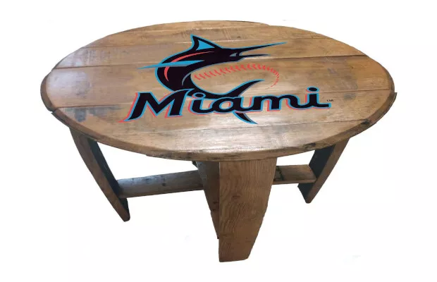 Miami Marlins Oak Barrel Table For Sale – Game Room Gorilla