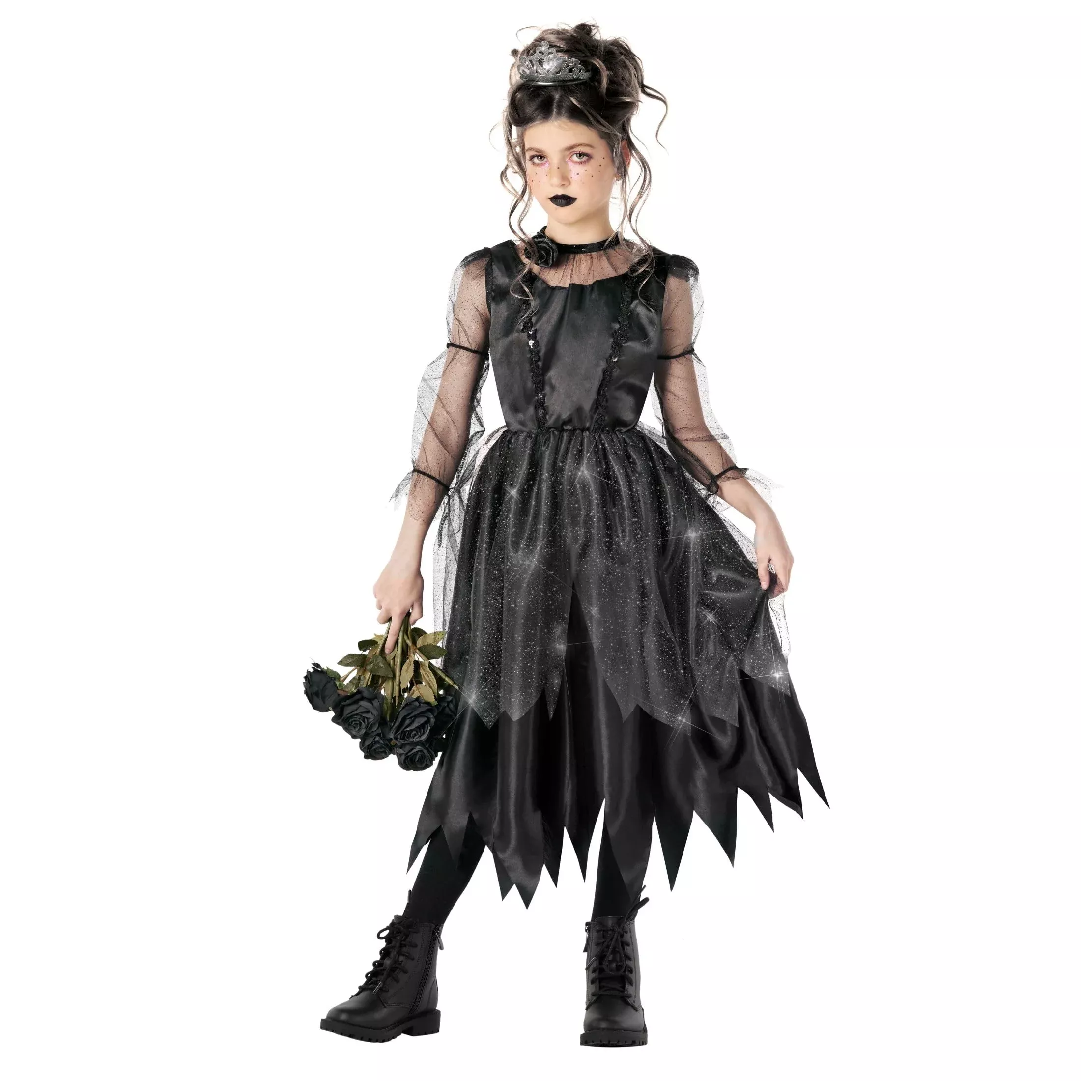 Morph Evil Witch Costume for Girls, Black Satin Midi Dress, Size 10-12