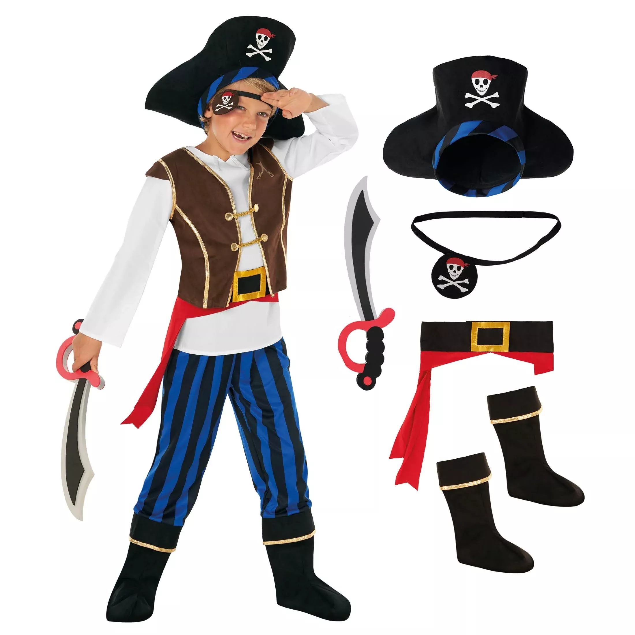 Morph Pirate Costume for Kids 7-9 Years Blue with Hat and Sword