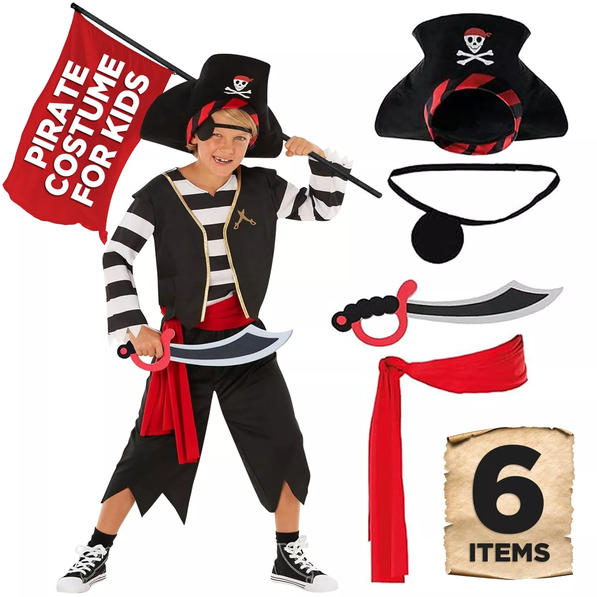 Morph Pirate Costume for Kids, Black, Size 10-12 Years