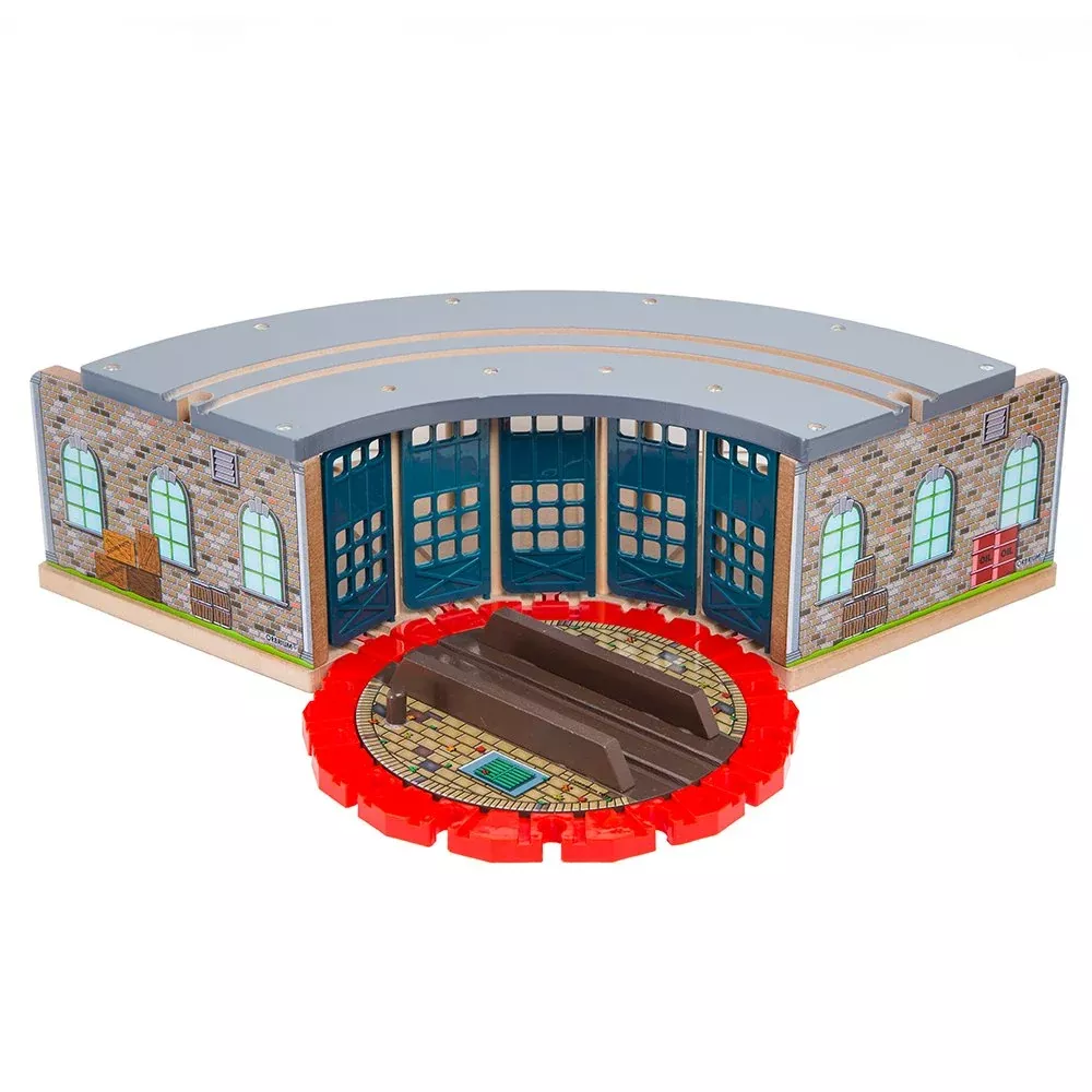Orbrium Wooden Railway 5 Engine Bays, Rooftop Rails Full Size Roundhouse With 14-Ways Turntable Compatible With Thomas & Friends Brio Imaginarium Melissa Doug Engine Shed
