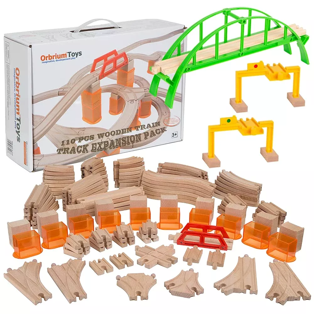 Orbrium Wooden Train Track Set - 110 Pcs Beech Wood for Compatible Brands