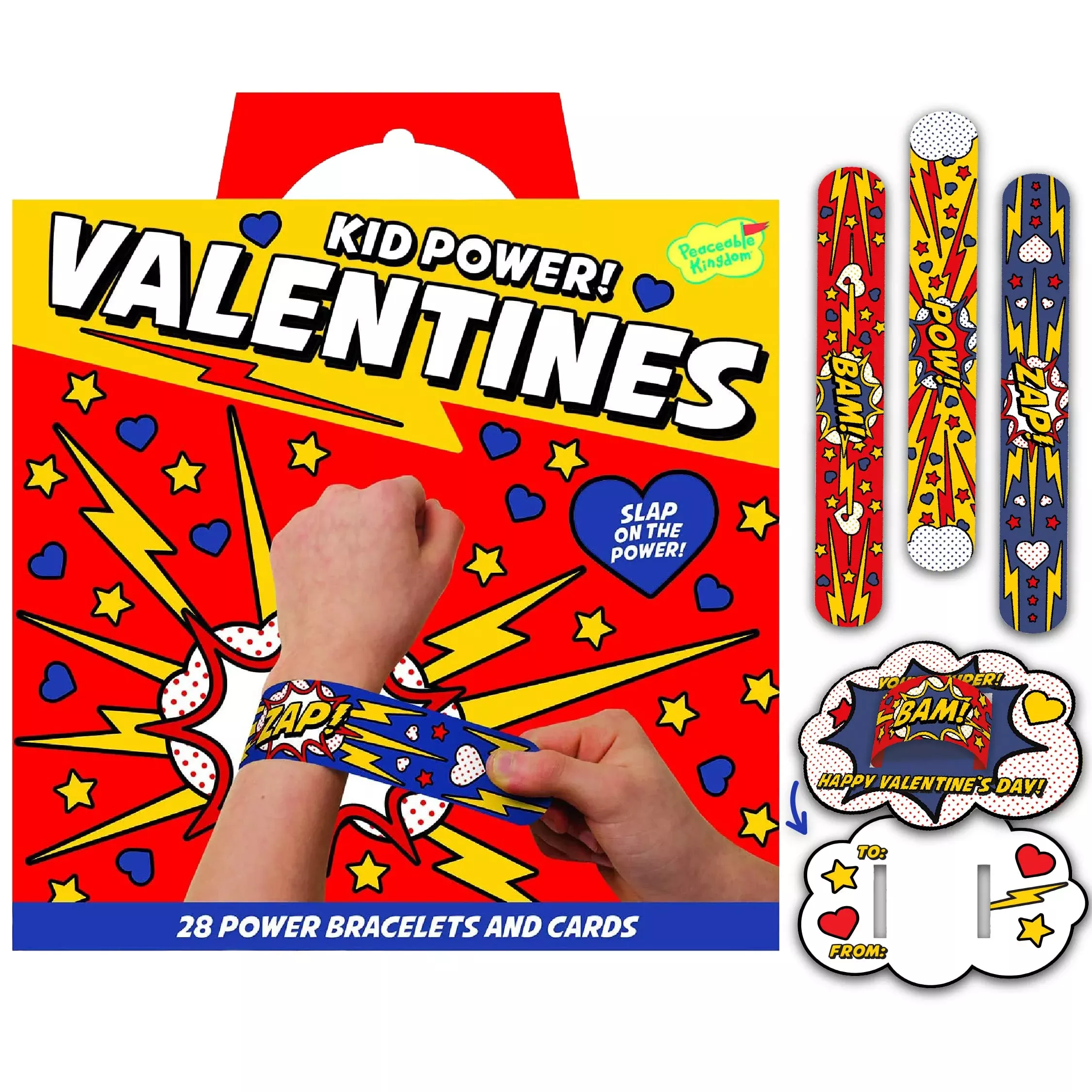 Peaceable Kingdom Kid Power Valentines with Bracelets, Multicolor, 28 Pack