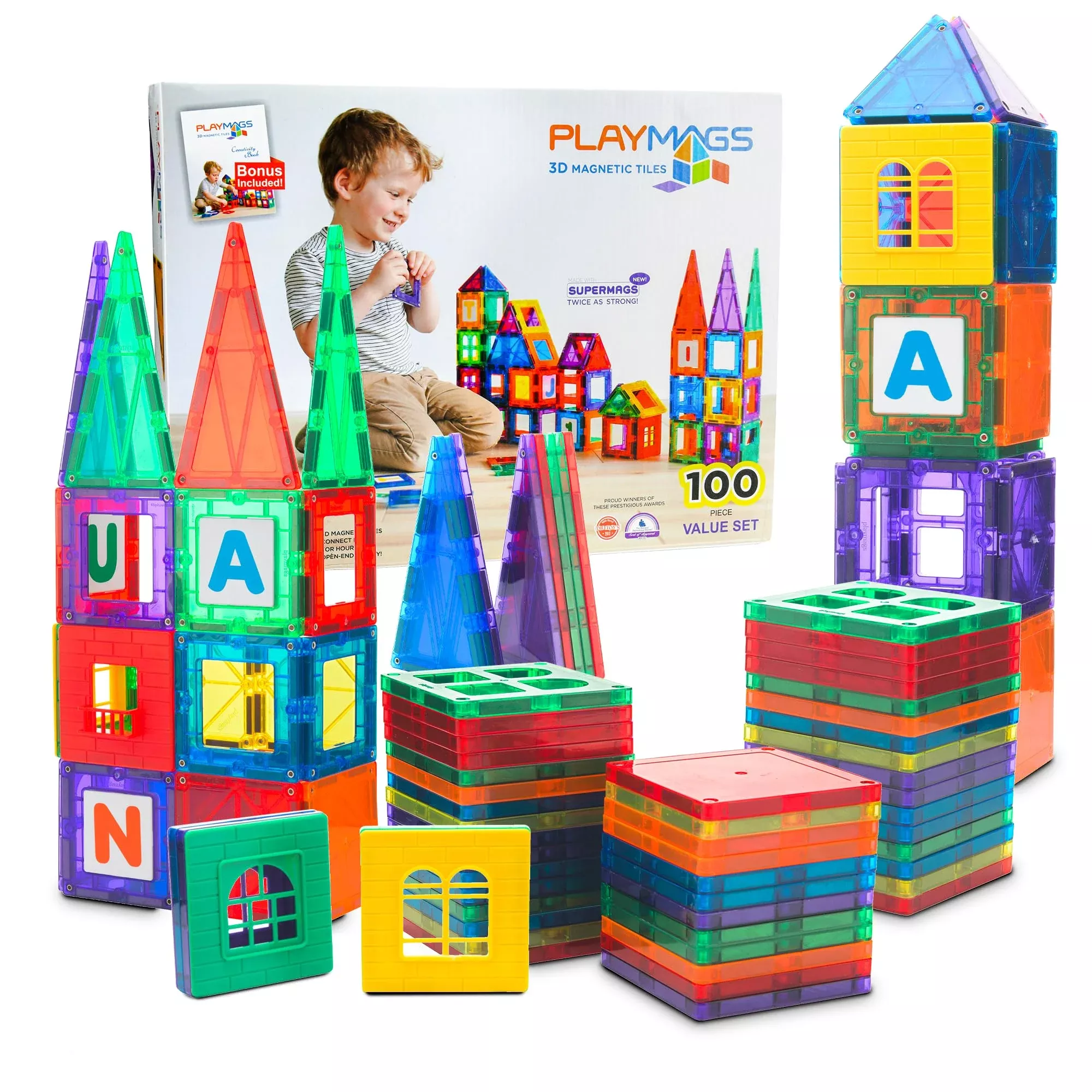 Playmags 100-Piece Magnetic Tile Set for Kids - Multicolor Building Blocks