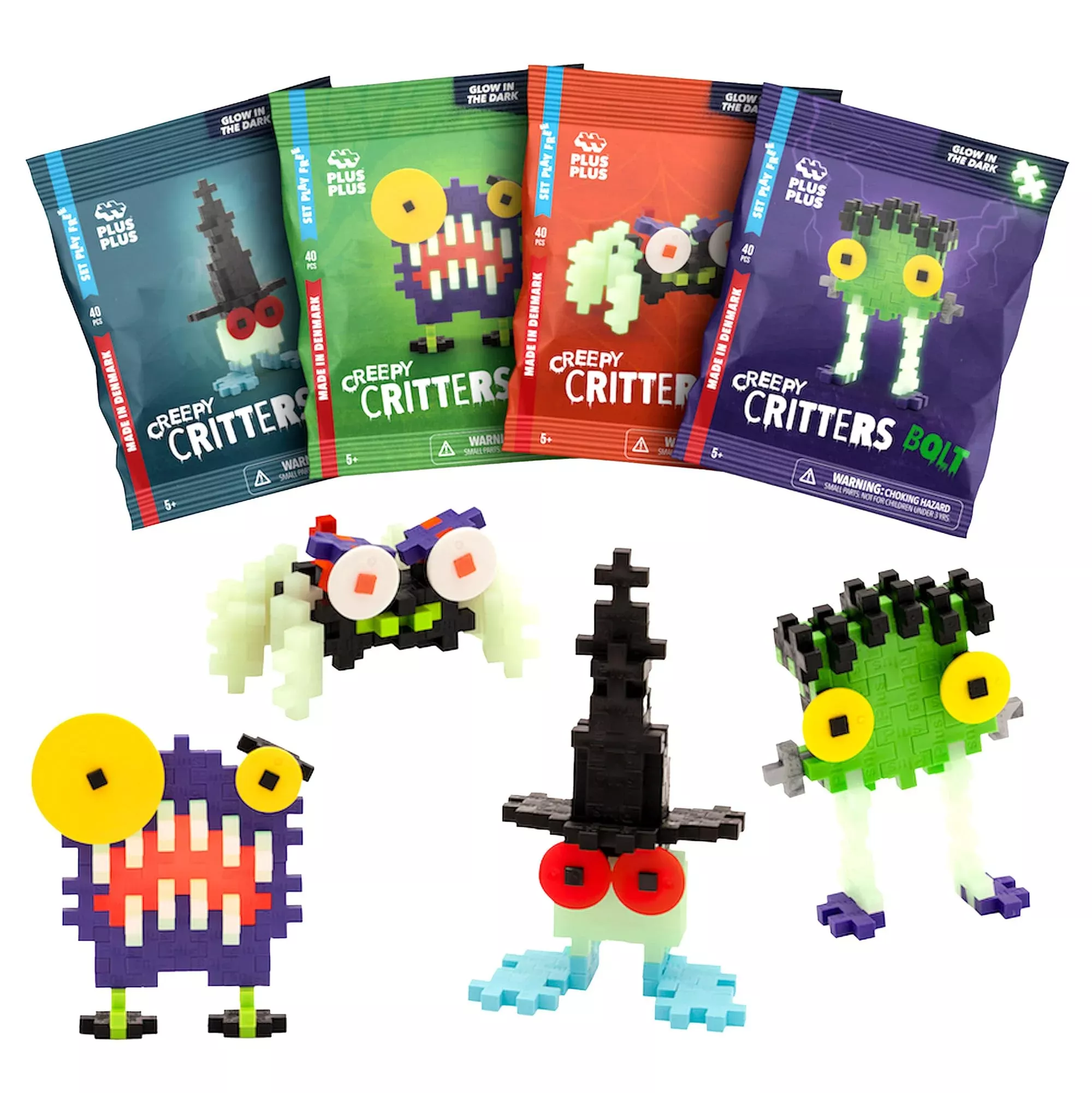 Plus Plus Creepy Critter Fun Pack, Halloween 3D Puzzle Building Block Set, 160 Mini Interlocking Pieces, Fun Holiday Activities For Kids - Glow In The Dark