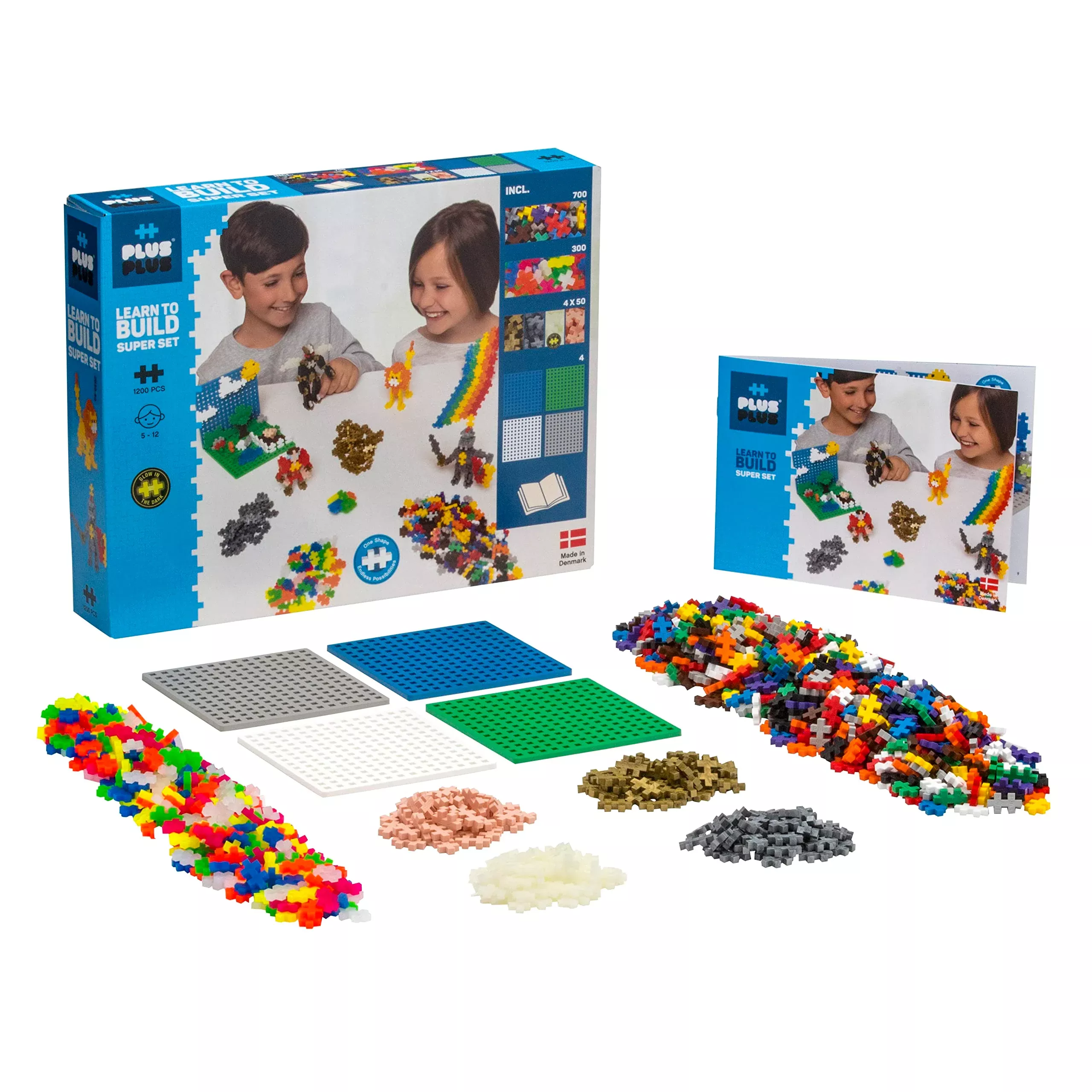 Plus Plus - Learn To Build Super Set - Basic Mix, 1,200 Pieces W/ 4 Baseplates - Construction Building Stem / Steam Toy, Interlocking Mini Puzzle Blocks For Kids