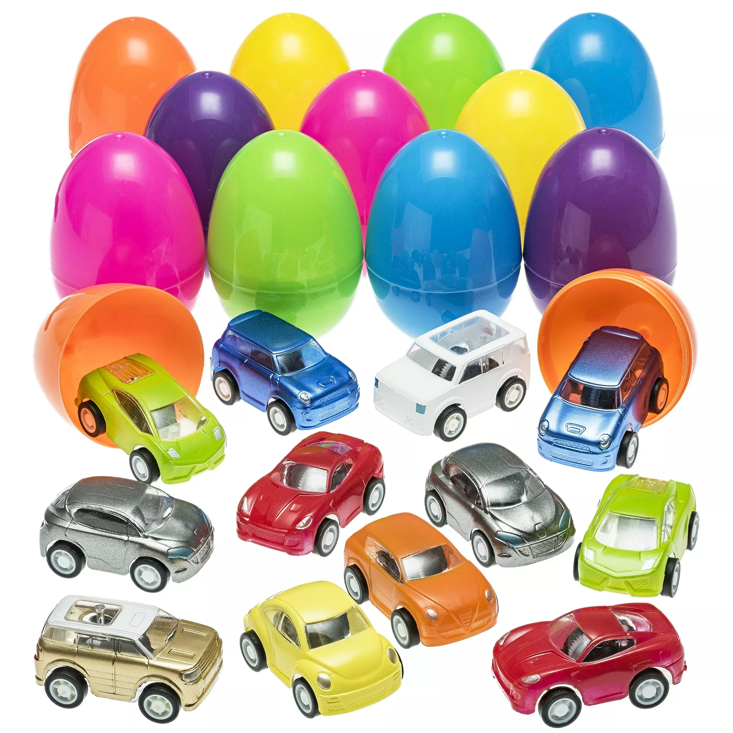 Prextex Stuffed Easter Eggs Toy With Mini Pull-Back Toy Car Inside | Plastic Easter Gifts/Presents For Girls, Boys, Kids, Toddlers | Easter Toys Basket Stuffers/Fillers