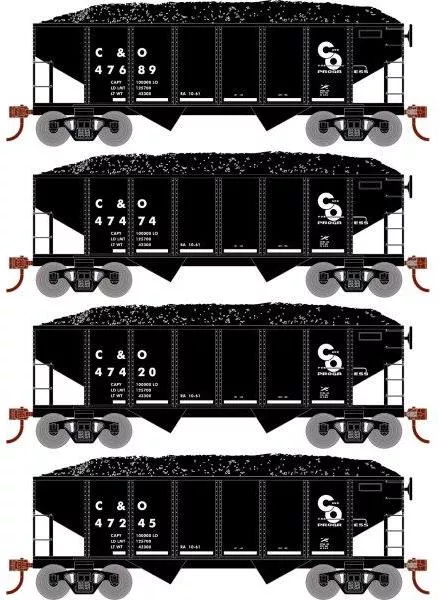 Roundhouse 1045 HO Scale 34' Ribbed Hopper Chesapeake & Ohio C&O 4 Pack #1