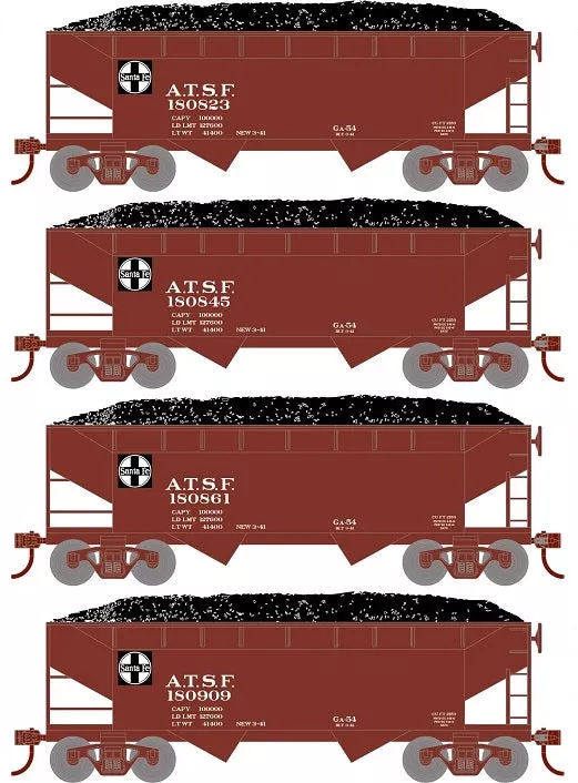 Roundhouse 1280 HO Scale 34' Offset Open Hopper Santa Fe ATSF 4 Pack #1
