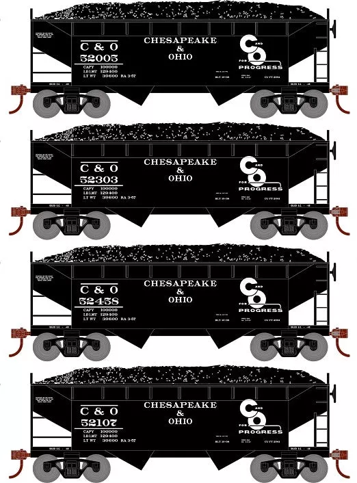 Roundhouse 1286 HO Scale 34' Offset Open Hopper Chesapeake & Ohio C&O 4 Pack #1