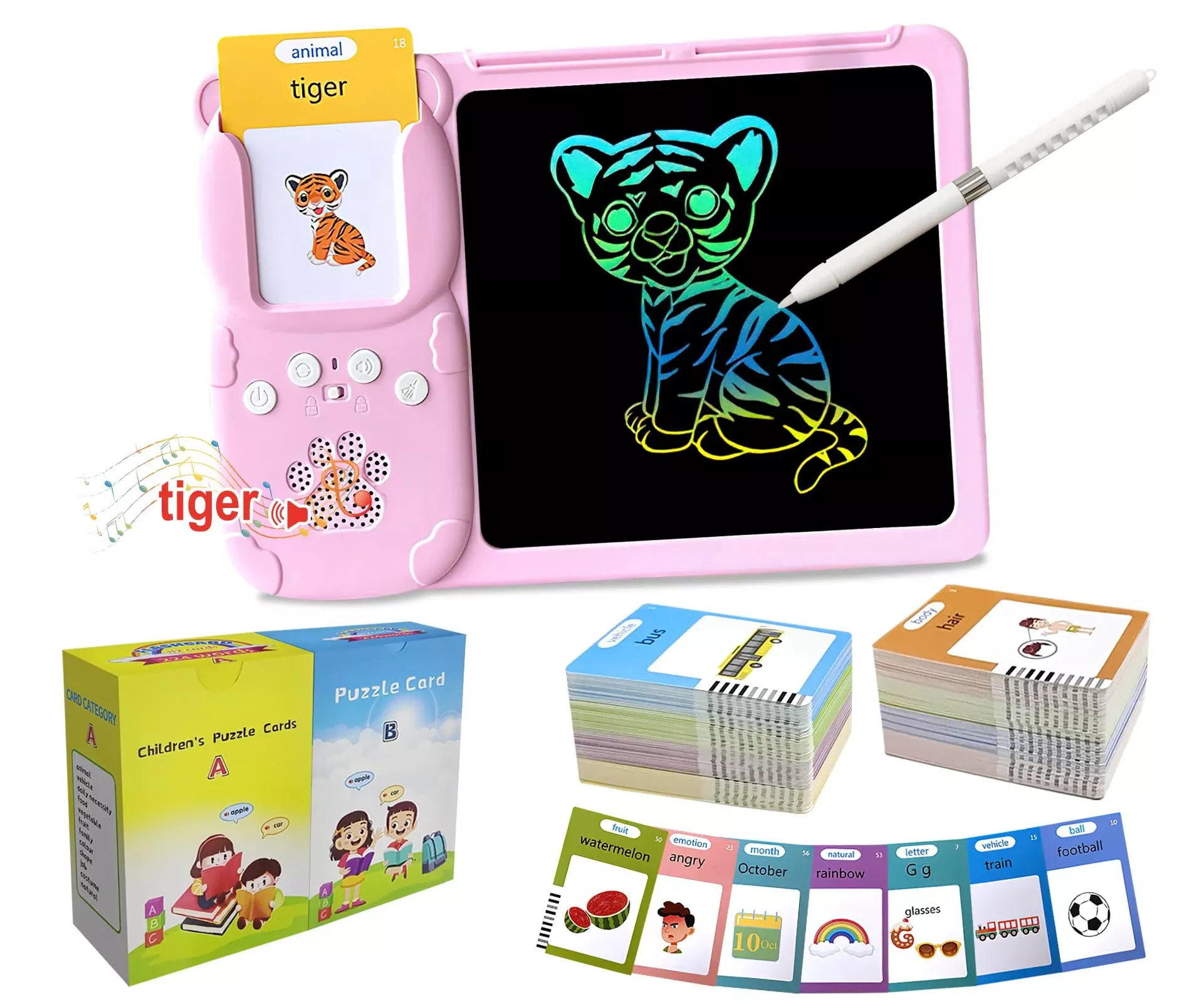 Rylai LCD Writing Tablet for Kids, Pink, Educational Toy, 255 Cards