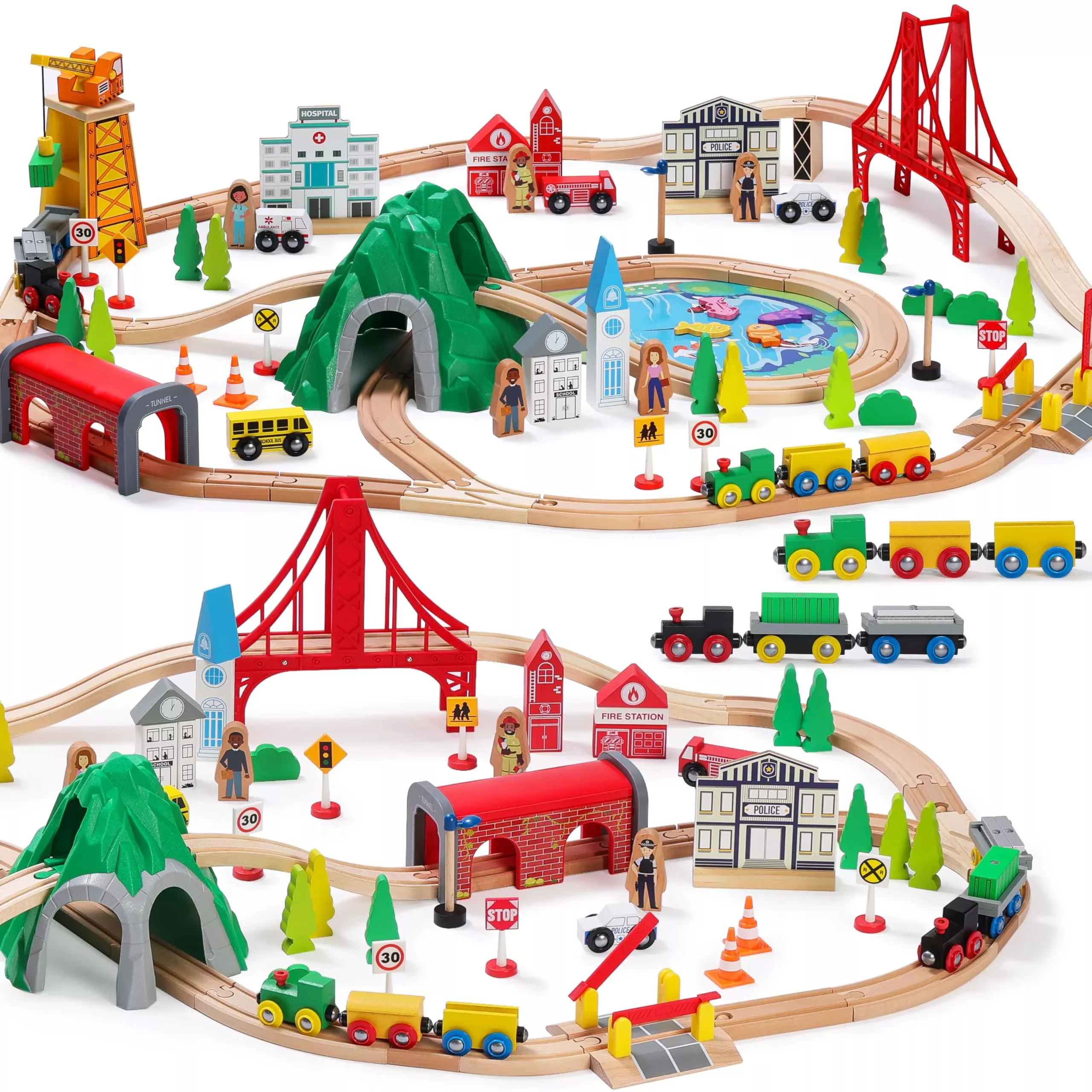 SainSmart Jr. 112-Piece Wooden Train Set - Large Small Town Design