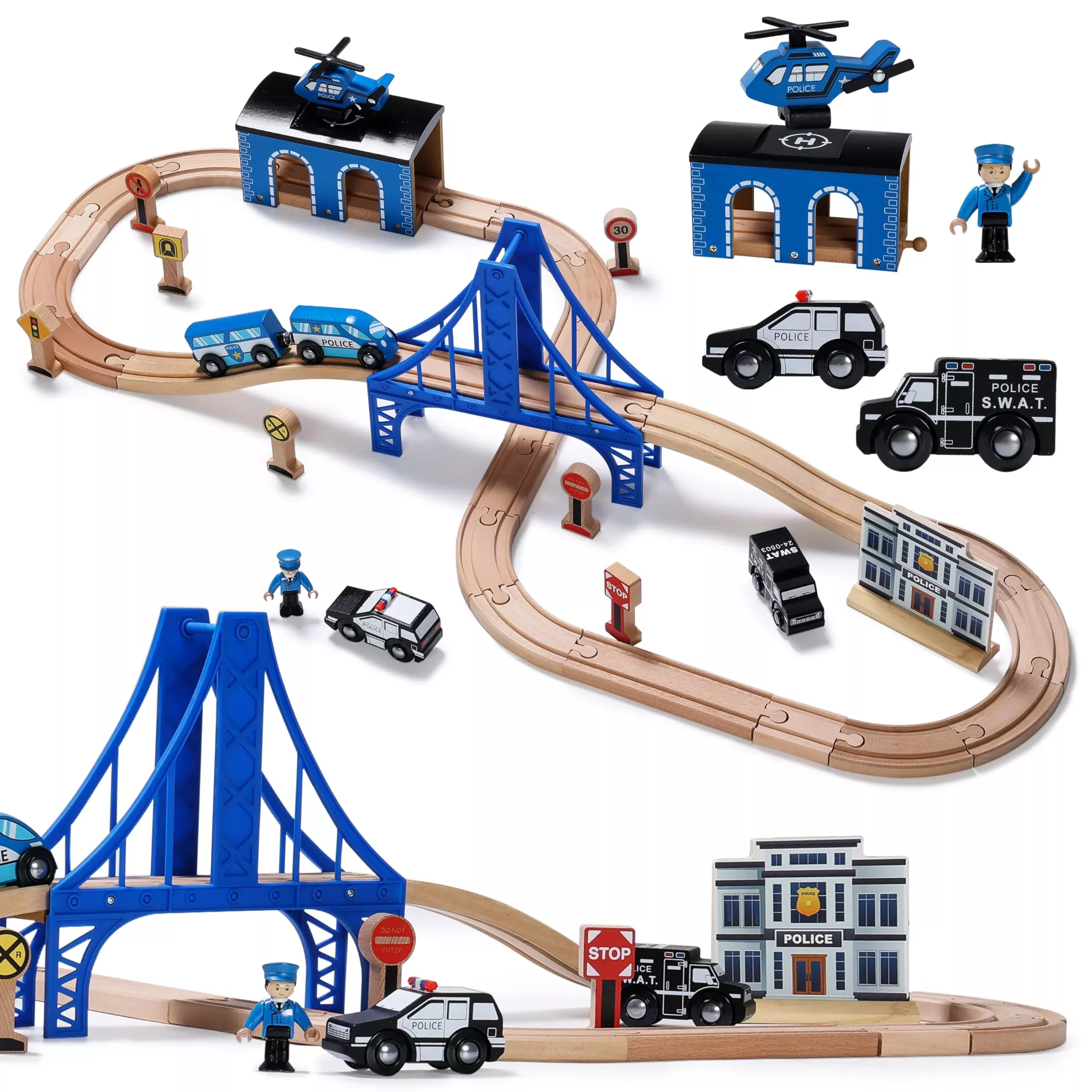 SainSmart Jr. Wooden Train Set, Police Theme, Medium, Blue, 37 Pieces