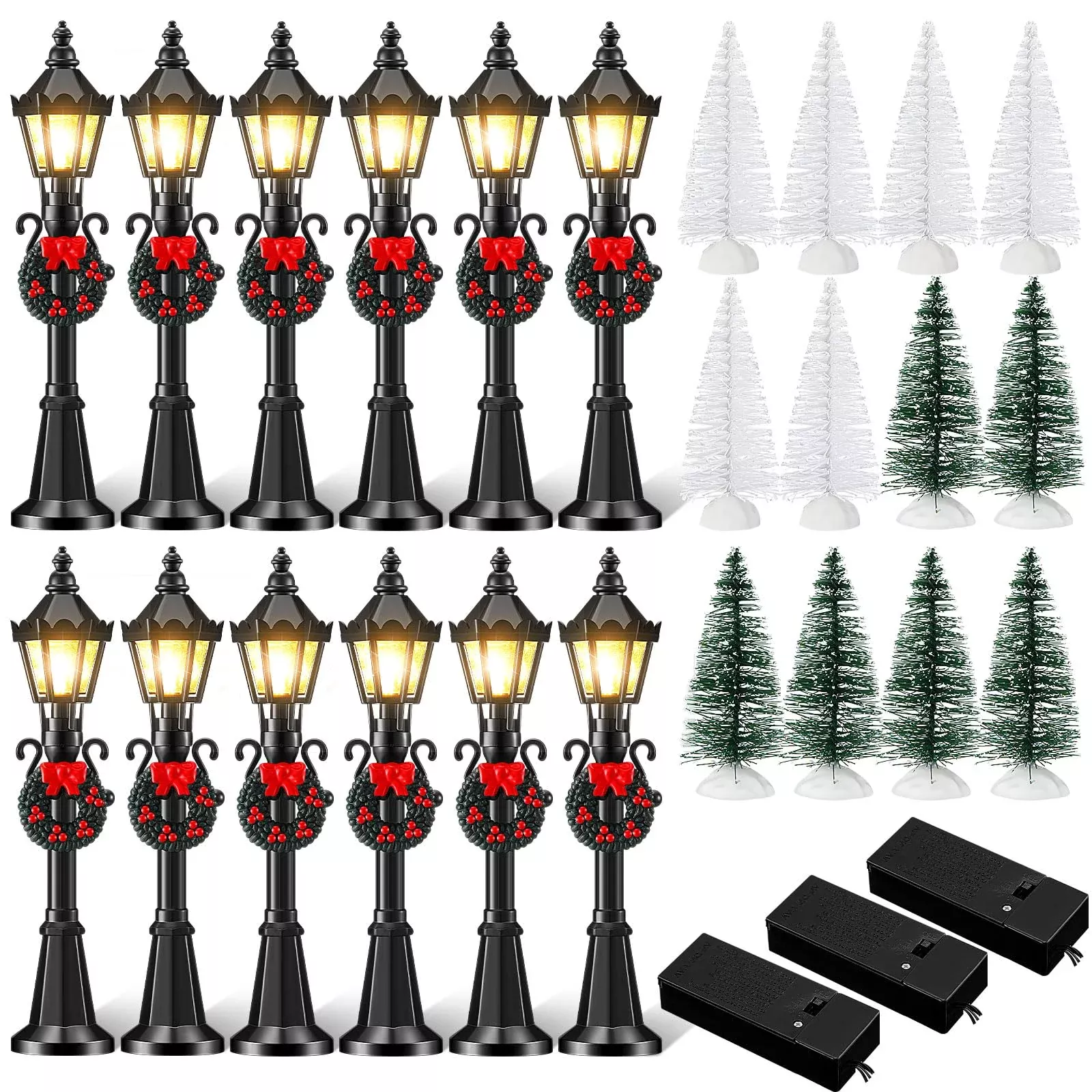 Shappy Christmas Village Light Poles & Trees Set, Plastic, Green/Brown