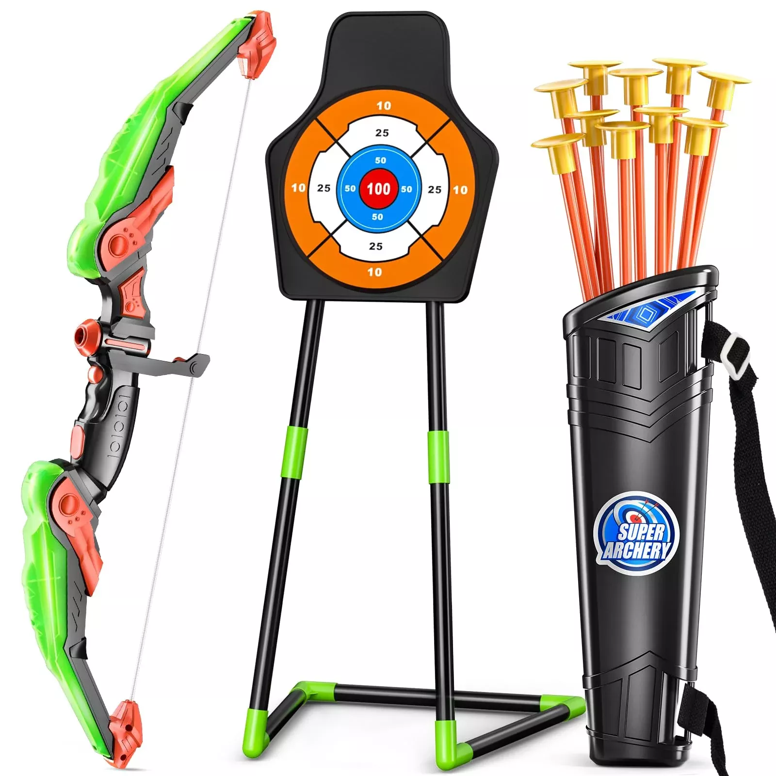 TEMI Bow and Arrow Set for Kids with LED Lights - Green