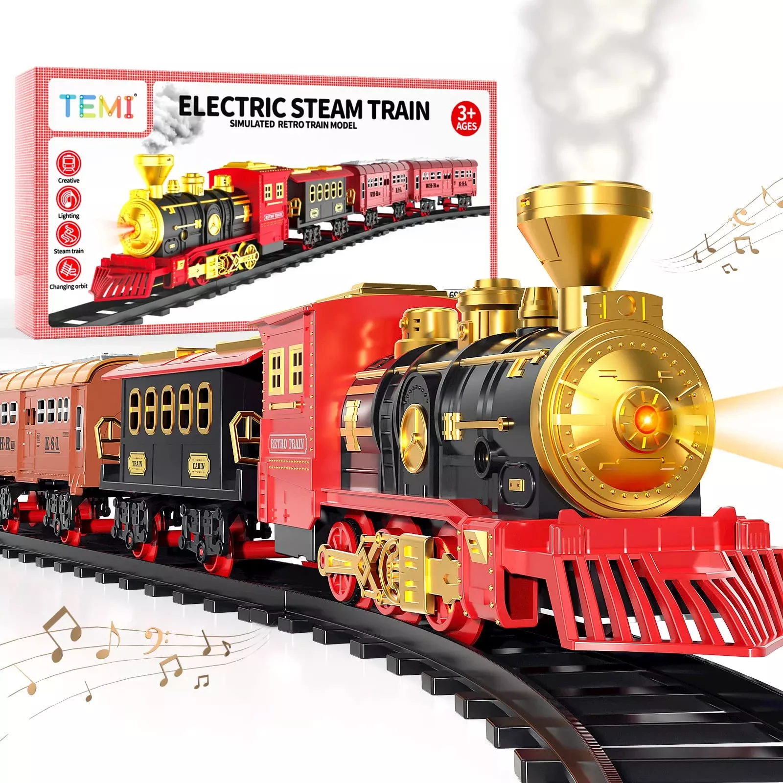 TEMI Train Set for Kids, Rechargeable Red Steam Engine, Medium Size