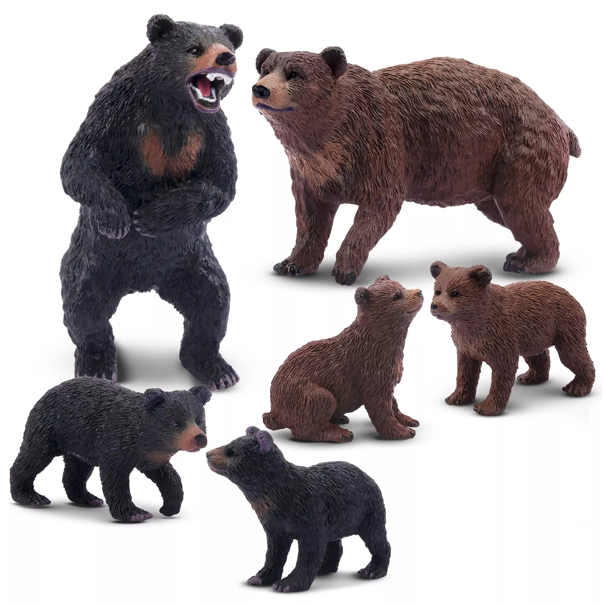Toymany Bear Figurines Set - Realistic 6-Piece PVC Collection, Black