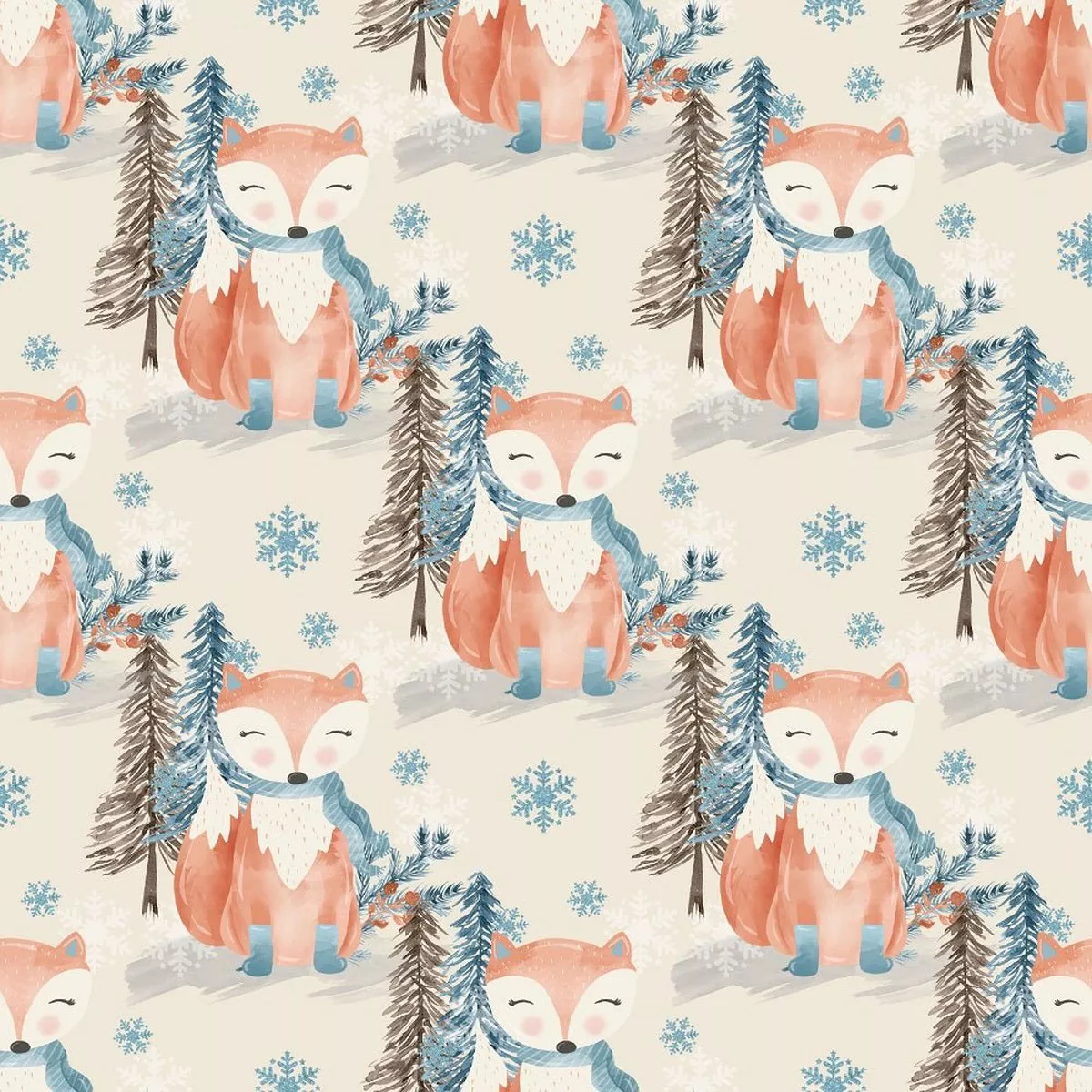 Winter Fox with Snowflakes Fabric - Tan
