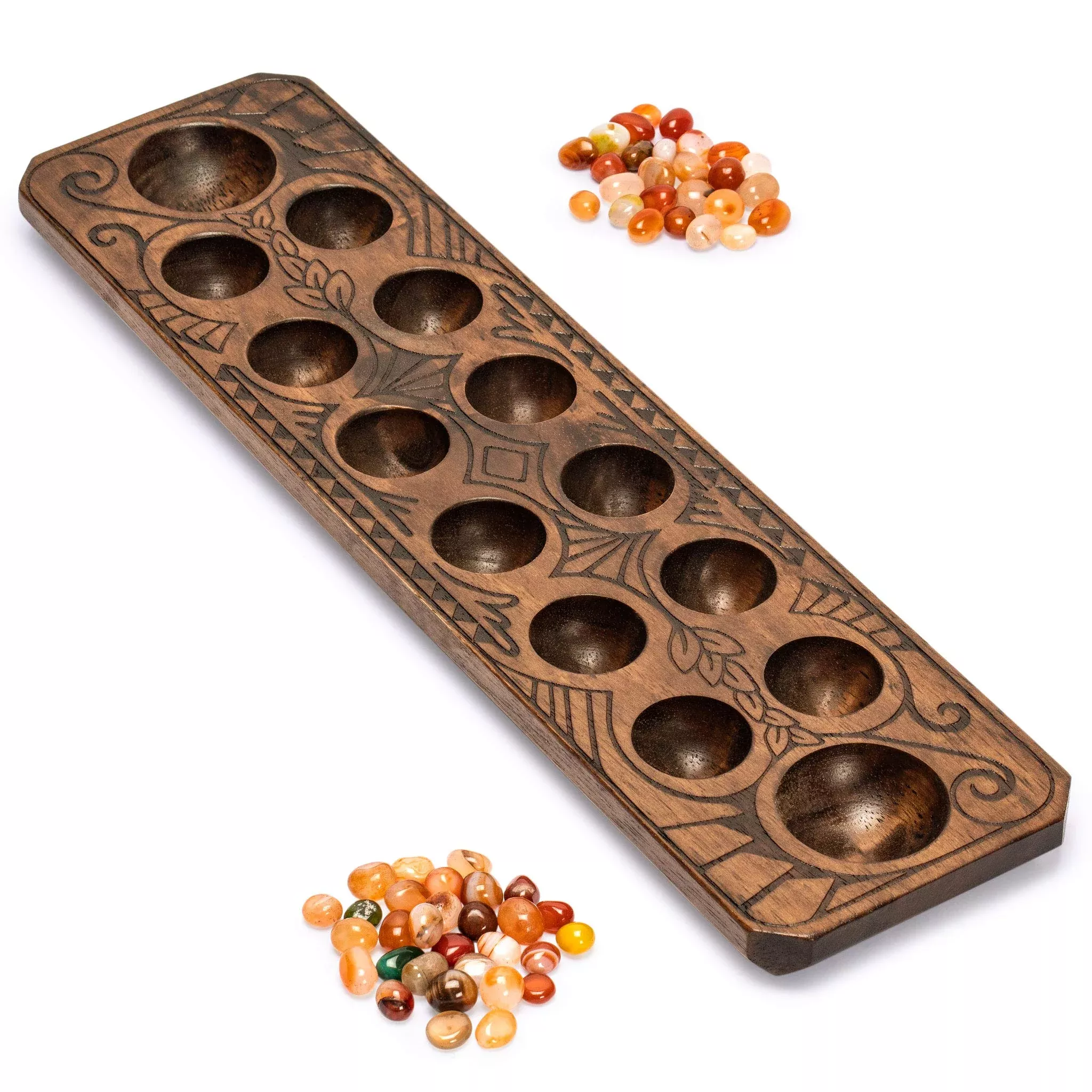 Yellow Mountain Imports Mancala Set With 17.3-Inch Solid Wood Board And Quartz Pebble Playing Pieces